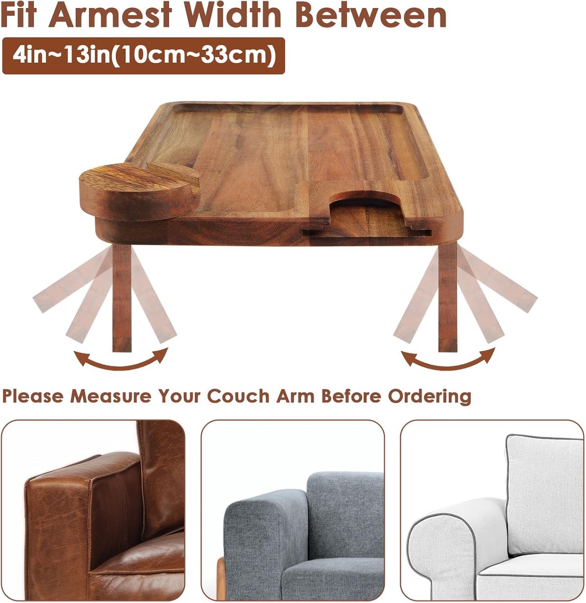 Bank Arm Dienblad, Acacia Hout Clip On Sofa Armleuning Tafel met Wijnglas Houder, Opvouwbare Fauteuil Tray met 360 ° gedraaide telefoonhouder, Bankleuning tafel voor Snack Afstandsbediening — cadeau in Kookcadeaus - foto 4