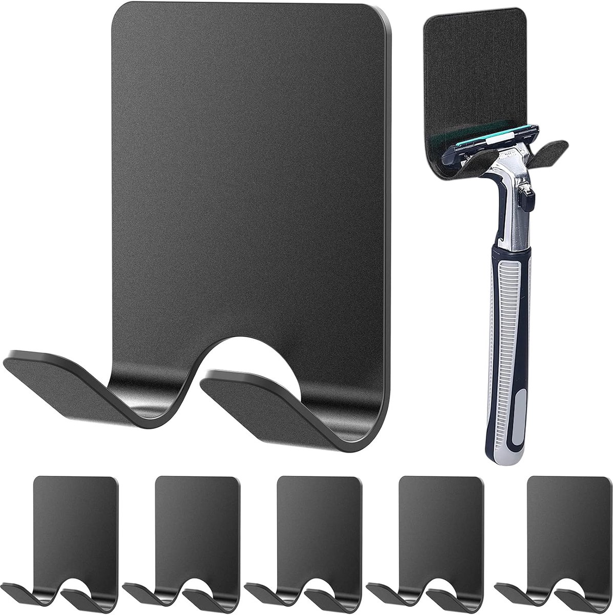 Scheerhouder douche, multifunctionele haak, roestvrij staal, waterdichte wandhaken, zelfklevend, scheerapparaathouder, douche, badkamerhaak, zonder boren, scheerhouder (zwart, 6 stuks)
