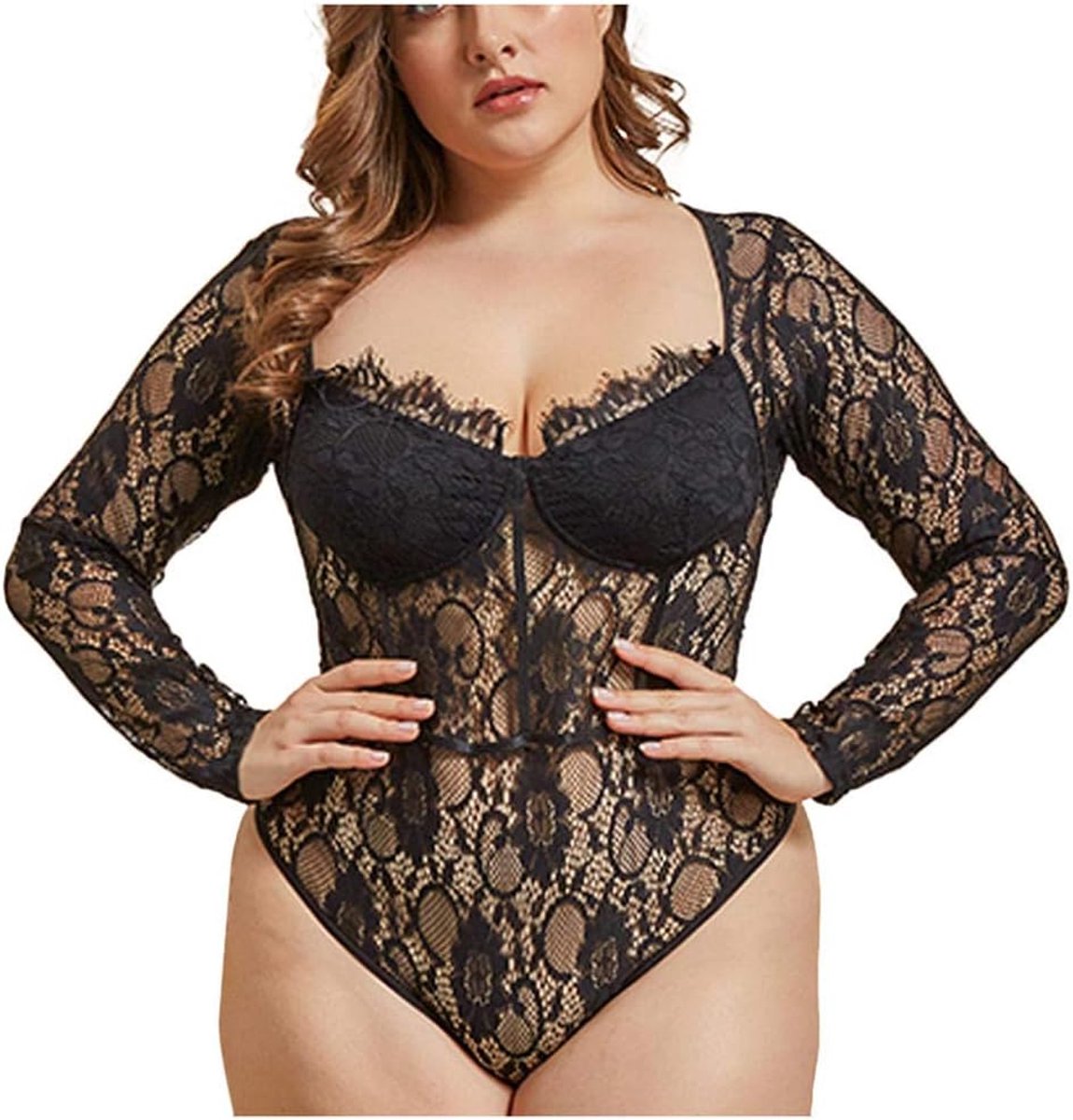 Lingerie & ondergoed Kanten Sexy Lingerie Plus Size Vrouwen Transparante Bodysuit Sexy Ondergoed Lange Mouw V-hals Gezellige Nachtkleding-Black_XXL