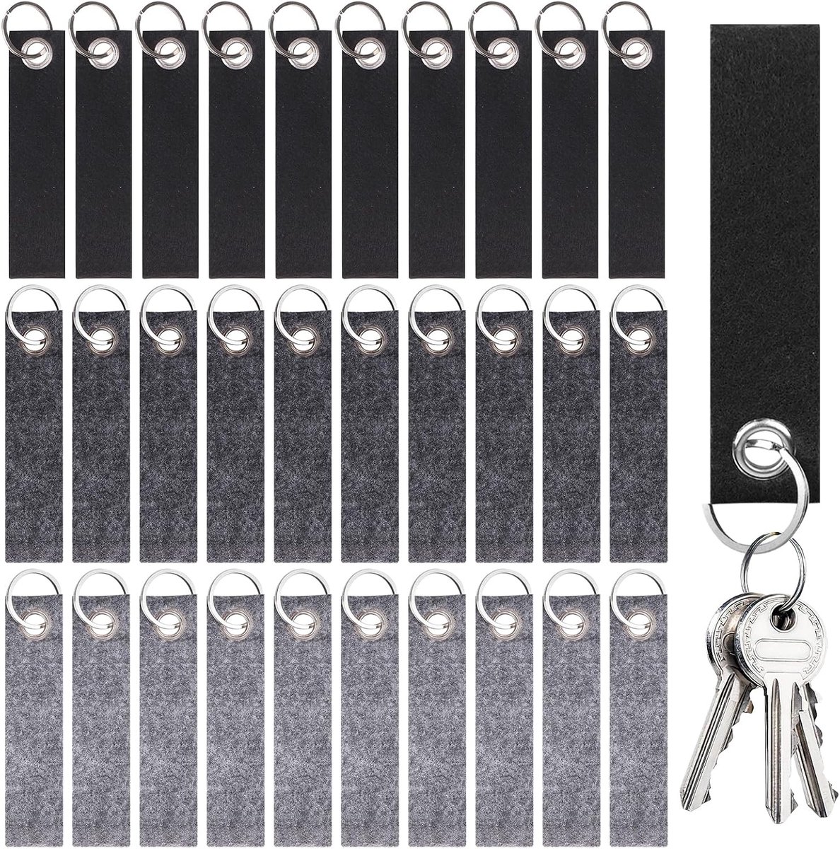 30 stuks vilten sleutelhangers sleutelring met vilten hanger, 13 x 3 cm, vilten sleutelbanden voor knutselen, doe-het-zelf, autosleutels, cadeau, school, woning, kantoor, sleutelhanger voor