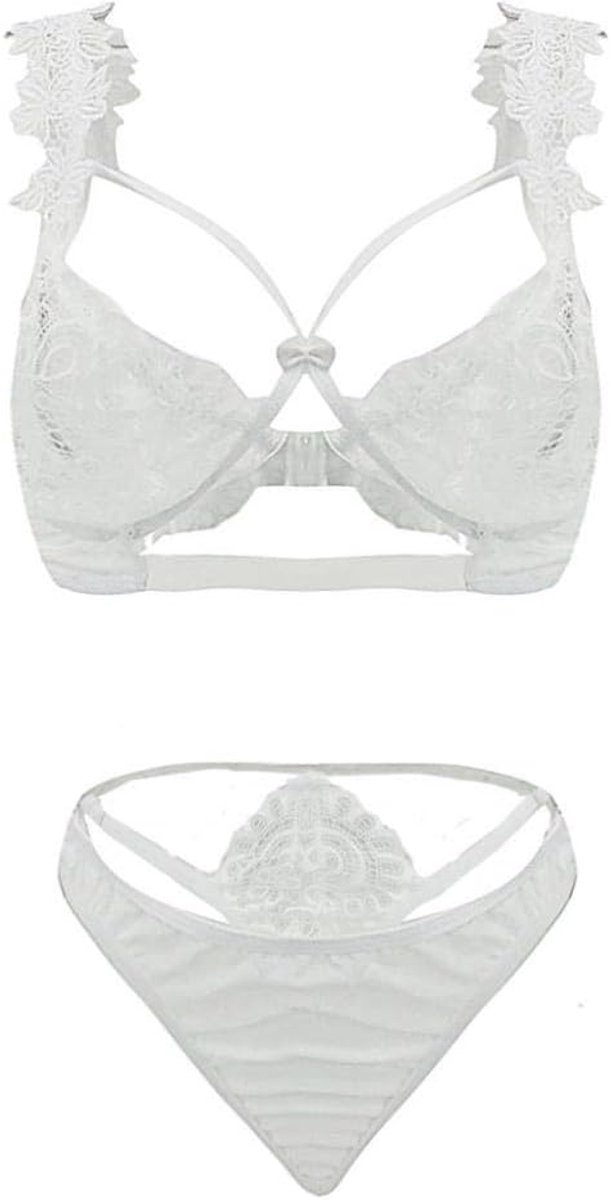Nachtkleding kant lingerie sexy jurk met string voor damesSexy Lingerie Set Verleiding Kant Push Up Transparante Bh Set Vrouwen Ondergoed Bras Sexy Slipje Bh Panty Set-White_XXL