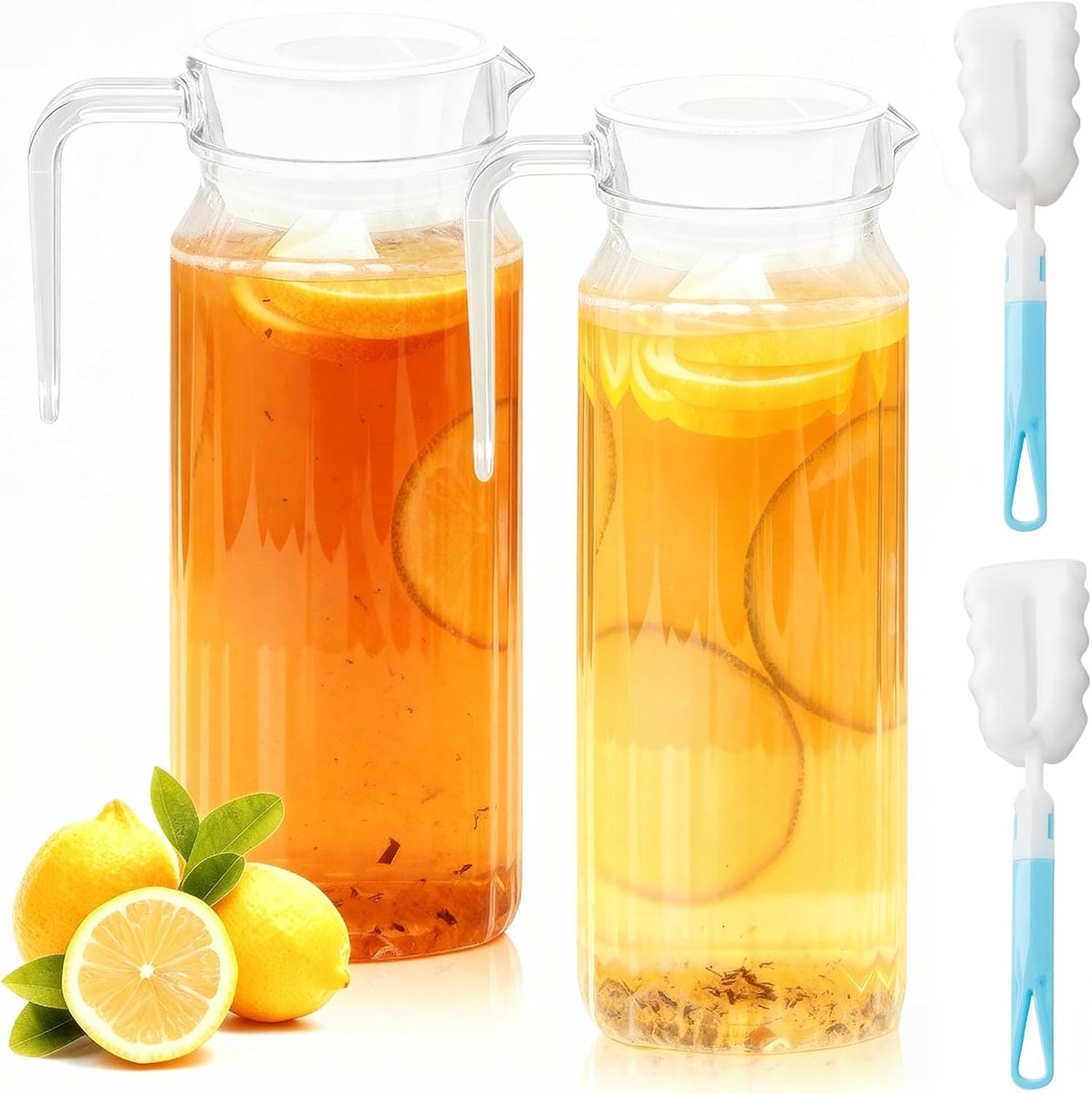 1,1 l waterkaraf set met deksel en handvat: transparante waterkaraf, transparant plastic, zonder BPA en onbruikbaar, acryl karaf voor ijsthee, sangria, limonade