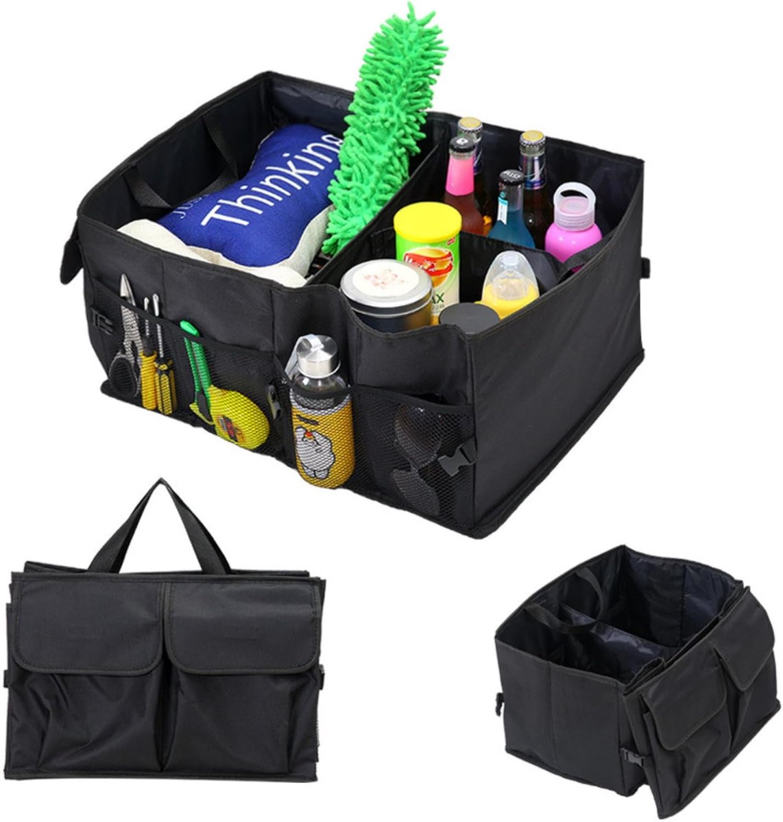Kofferbak organizer opslag - 52L Grote Capaciteit Opvouwbare Multi Compartimenten boot netjes voor auto, Draagbare Auto Opbergdoos voor de meeste Auto's/Suv, auto gadgets Zwart