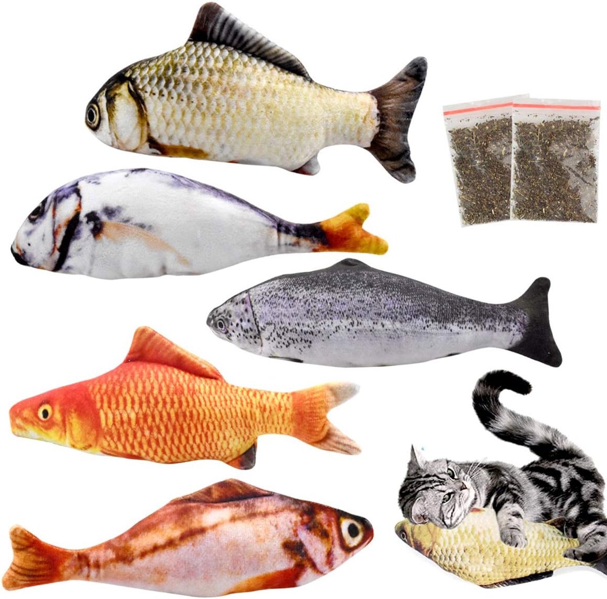 5 stuks 20 cm Kattenkruid Kattenspeelgoed, simulatie pluche vis, interactief speelgoed voor katten, om te bijten en kauwen, tandenreiniging voor katten, speelgoed voor katten