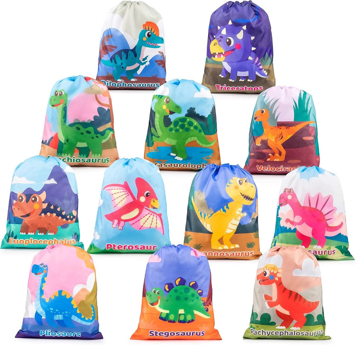 12 Stuks Dinosaurus Feesttassen Trekkoord Rugzakken, Herbruikbare Zakken voor Kinderen Party Geschenkzakken, Dino-Snoepzakjes voor Jongens Meisjes Thema