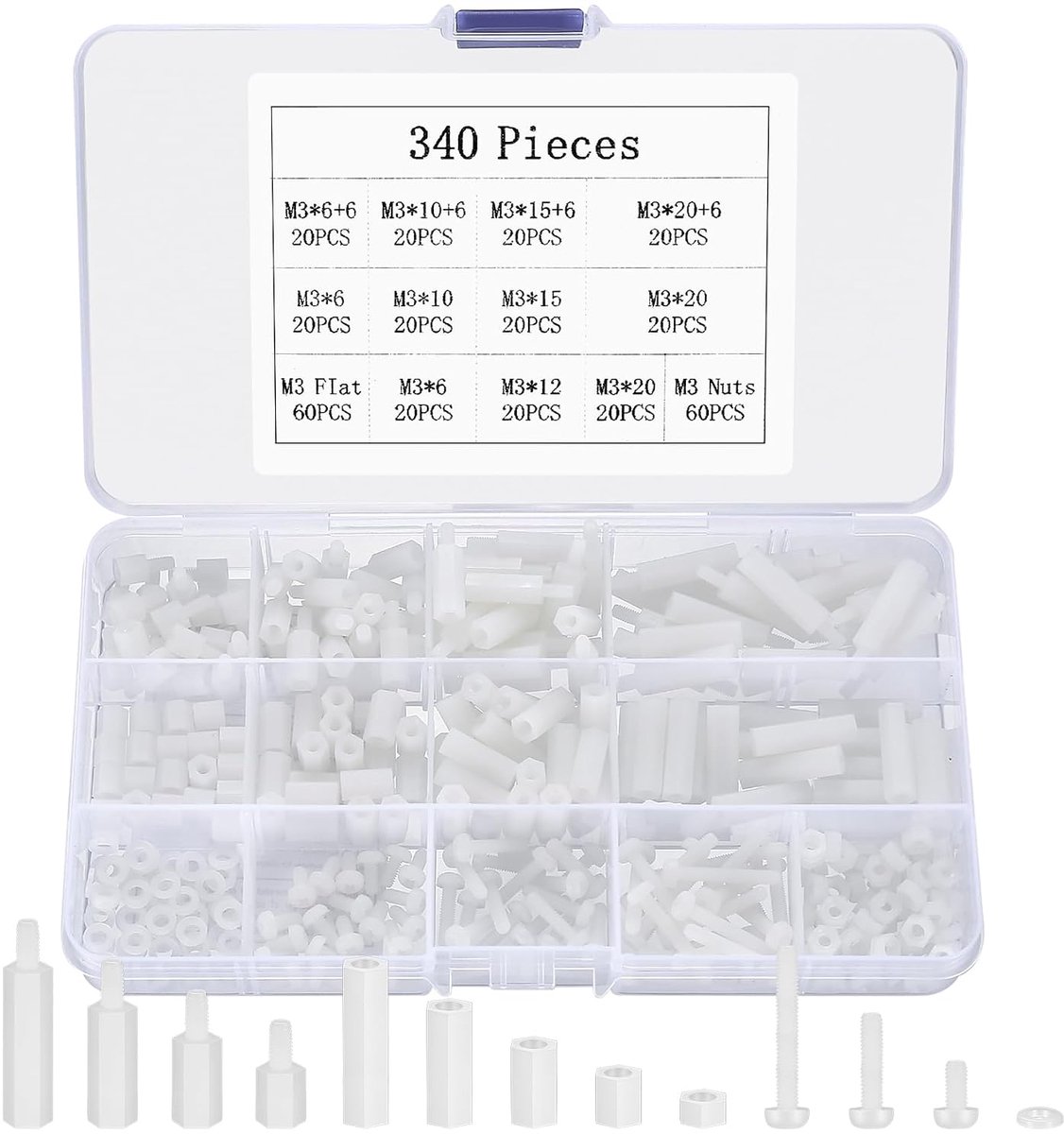 340 stuks M3 schroeven set, kunststof schroeven en moeren set met sluitringen, wit nylon rondkopschroeven moeren set, metrisch binnen-zeskantschroeven set met nylon afstandshouders