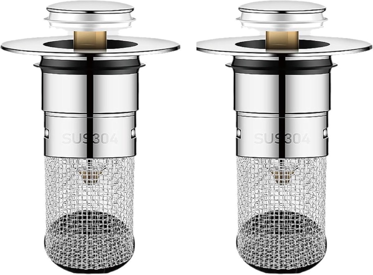 2 stuks universele pop-up wastafelstoppen met geurfilter, afvoerstop van roestvrij staal voor wastafel van 34-40 mm, bidet, keuken, snelle installatie en afneembaar design