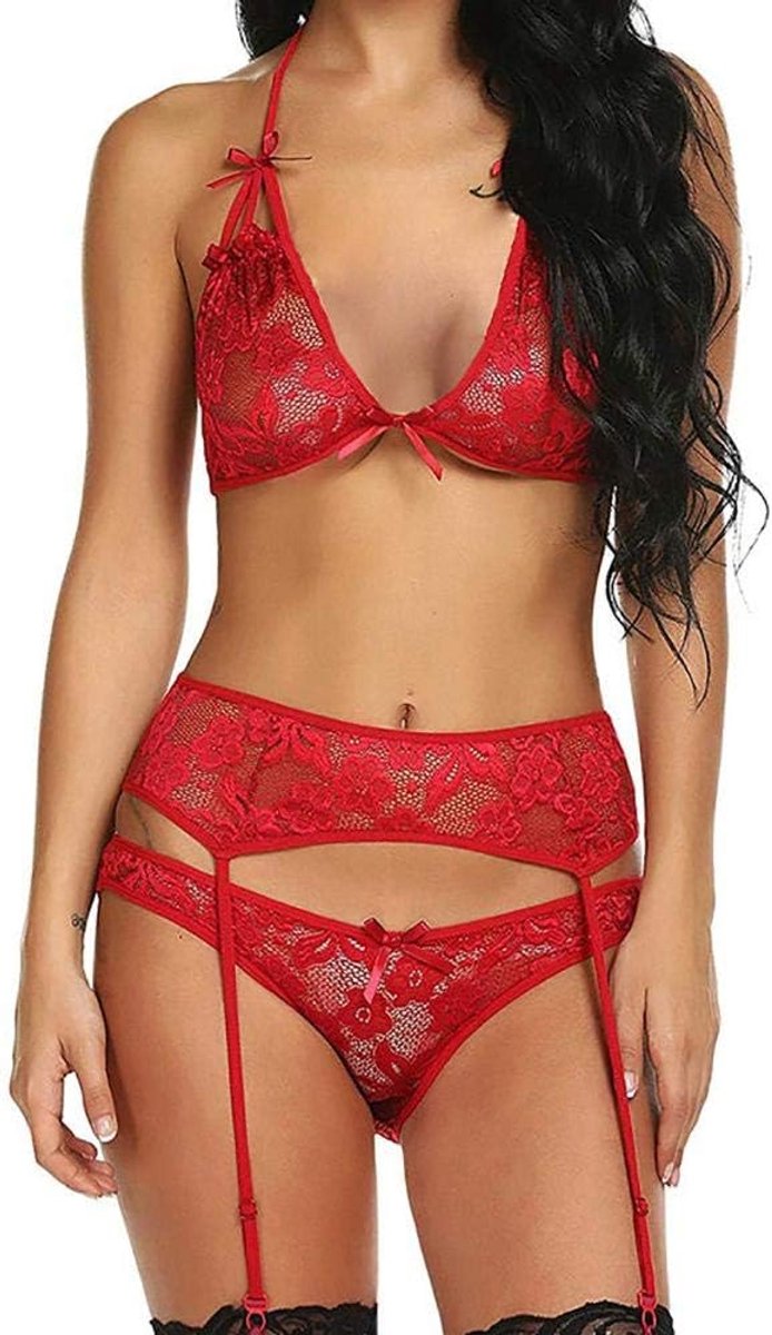 Dameskleding Erotische Lingerie Sexy Kostuum Vrouwen Backless Halter Ondergoed Borduren Nachtkleding Bh Briefs-Red_XL