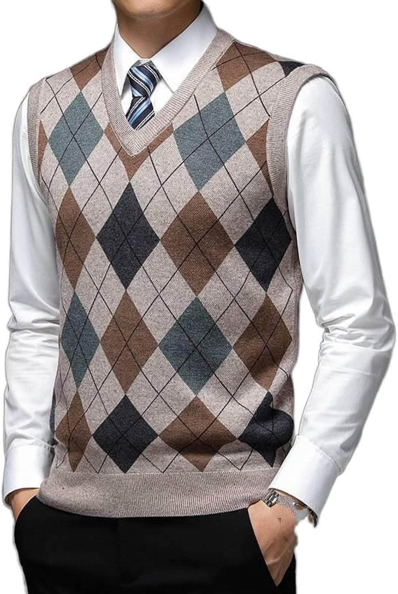 Argyle Gebreid Vest Met V-Hals, Klassiek Mouwloos Vest Kleurcontrast Heren Kasjmier Trui Vest Herenkleding, Business Gentleman Knitwear Gebreid Vest Sweater Tank Tops,Camel,S