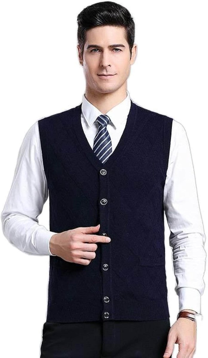 Argyle Vest Voor Heren Met V-Hals, Jeugdmode Heren Gebreid Vest Bovenkleding Casual Trendy Trui, Klassiek Zakelijk Heren Breigoed Gebreid Vest Trui Vest Tanktops, Marineblauw, S