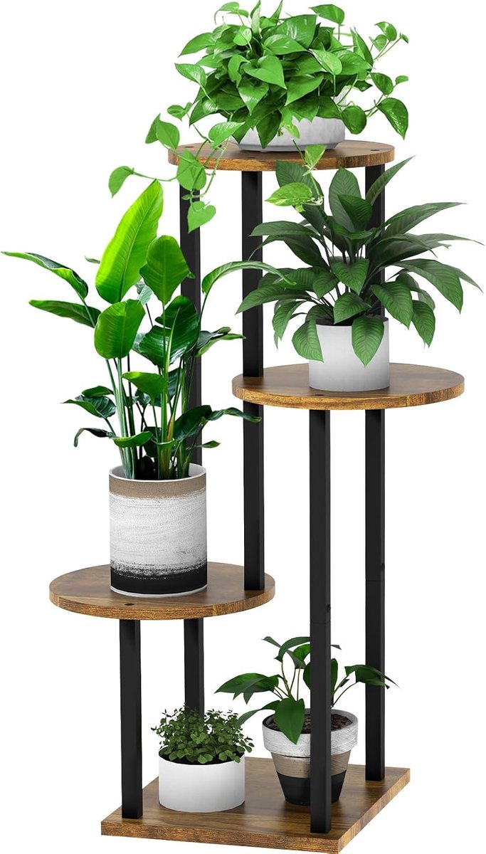 4-laags hoge plantenstandaard voor binnen, meerdere houten bloempottenhouder, metalen planken hoekrek, plantenrek displayrek, opbergorganizer voor terras, woonkamer, balkon, tuin (zwart)