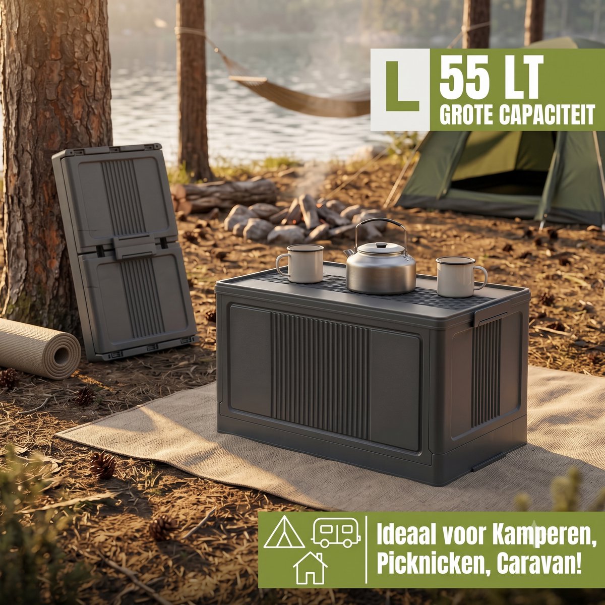 INDECOR Opbergbox 55 Liter met Deksel – Opvouwbare Opbergbox – Stapelbare Opbergkist – Voor Thuis, Garage, Camping & Camper – 56 × 32 × 32 cm - Antraciet