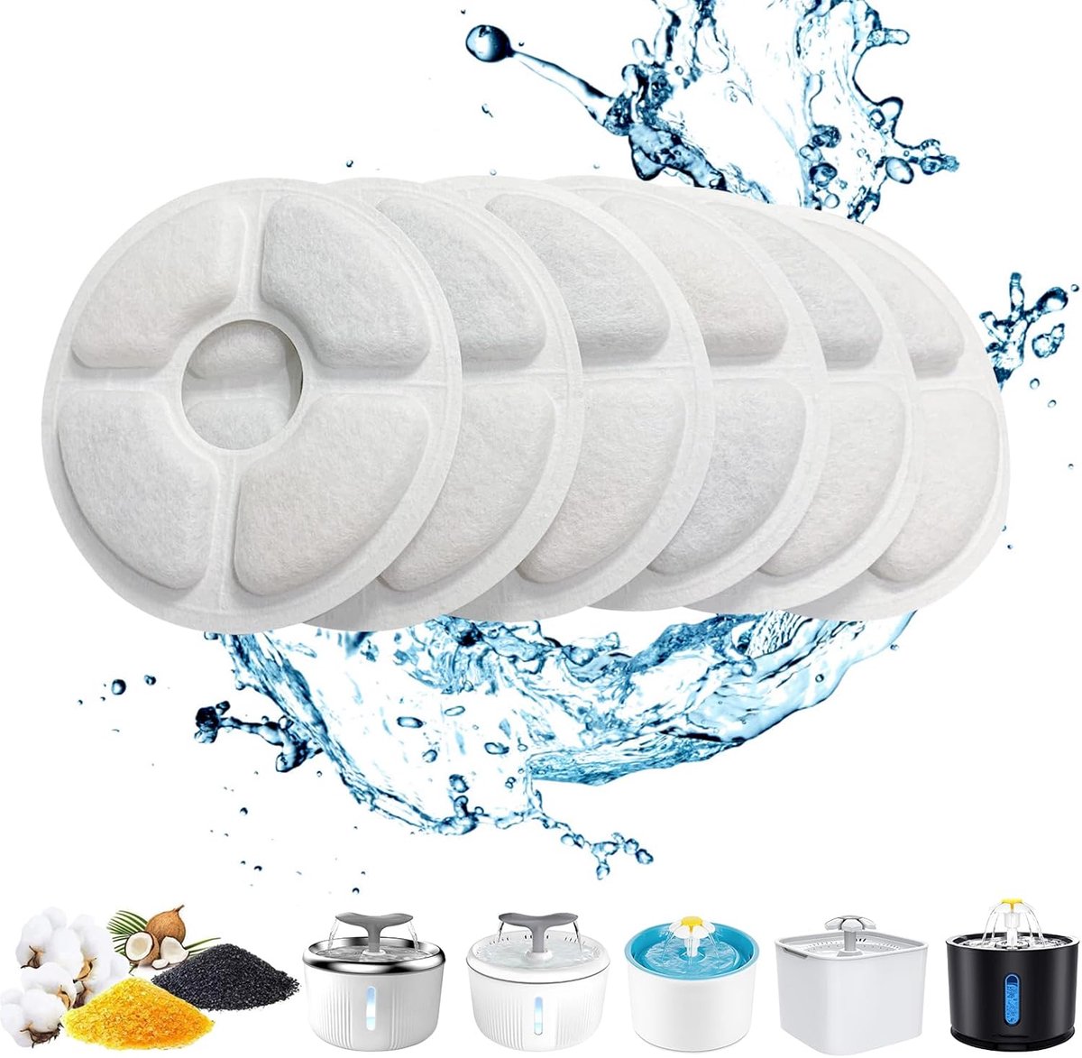 Filter voor kattenfontein, drievoudige actie, 6 stuks, voor vervanging van de kattenfontein met ionenwisselaarhars, actieve kool voor waterfontein, 2-2,5 l