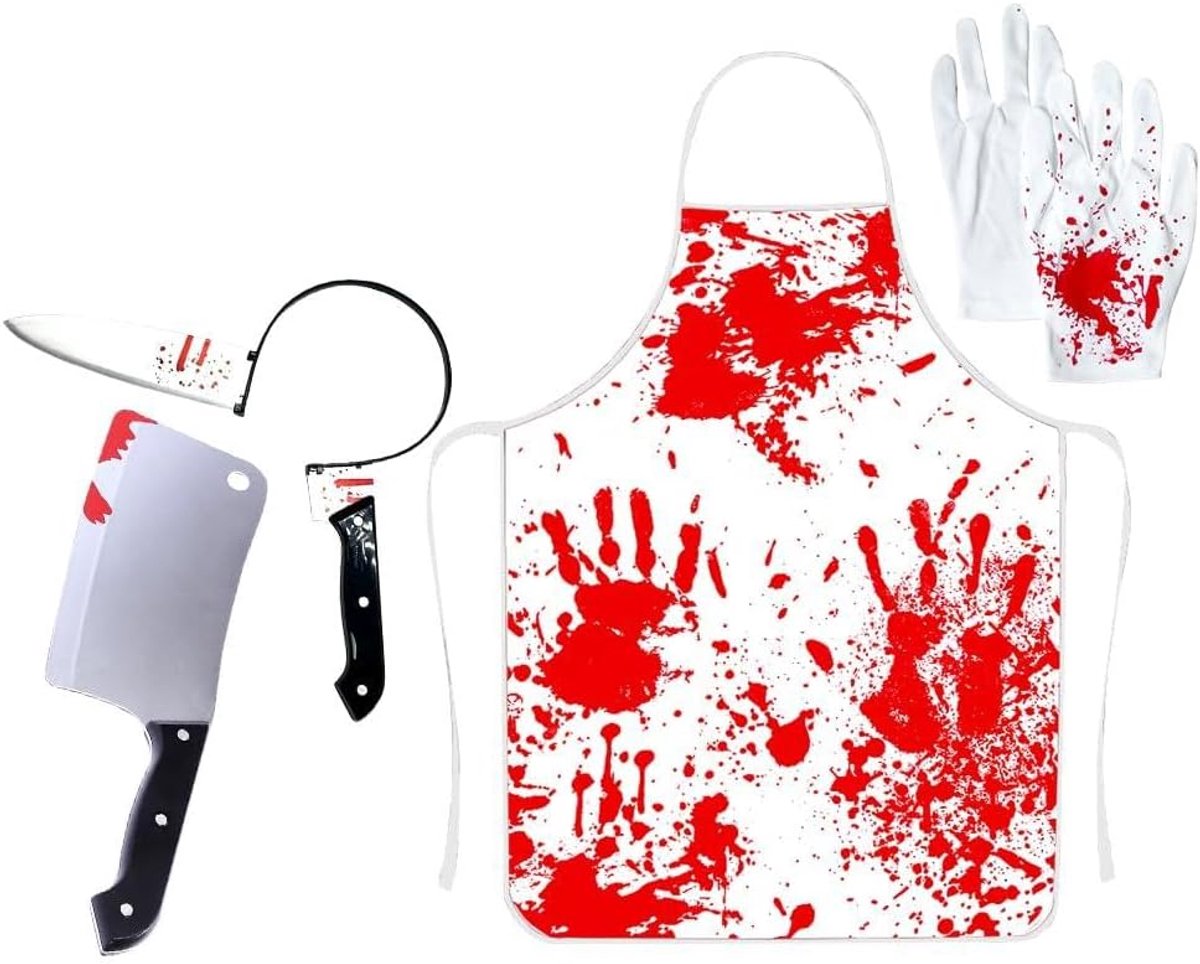 Bloederig Schort Kostuum Set, Horror Slager Schort met Valse Mes Hoofdband, Valse Hakmes en Bloed Wond Tattoos, Perfect voor Halloween Feest, Carnaval, Horror Cosplay
