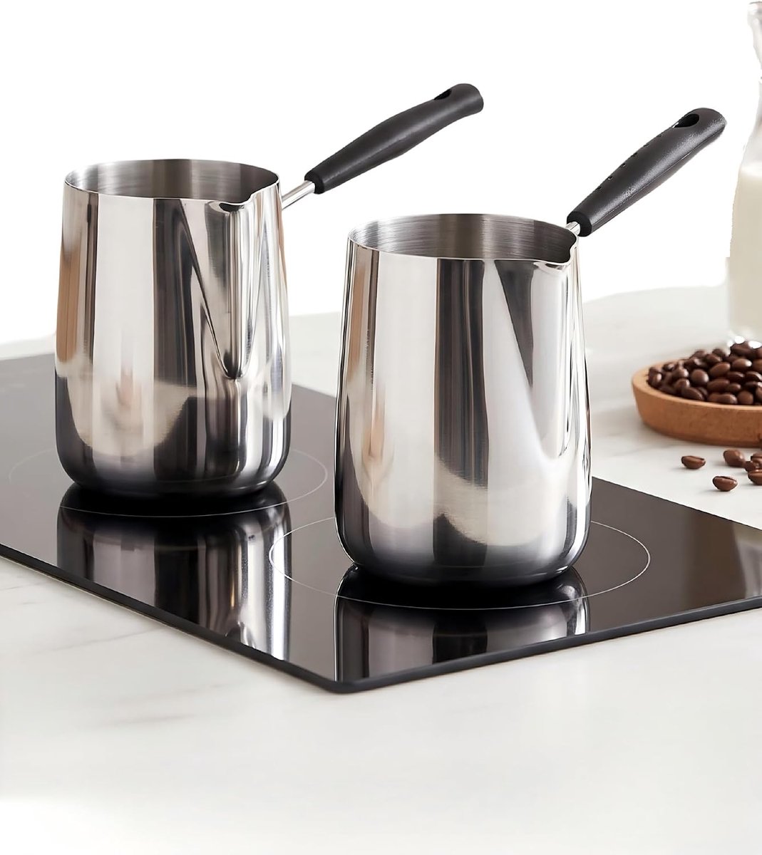 Turkse koffiepot, set van 2 Turkse koffiezetapparaten voor het fornuis, Turkse koffiepot van roestvrij staal voor het verwarmen van boter, melkchocolade, constructie van roestvrij staal (1000