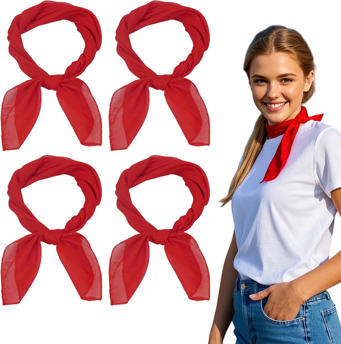 Sjaal voor dames, 4 stuks, vierkante sjaal, klassiek, bandana's, sjaals, 65 x 65 cm, hijab, sjaal om aan te trekken, retrostijl, meerkleurig, voor dames en heren (rood)