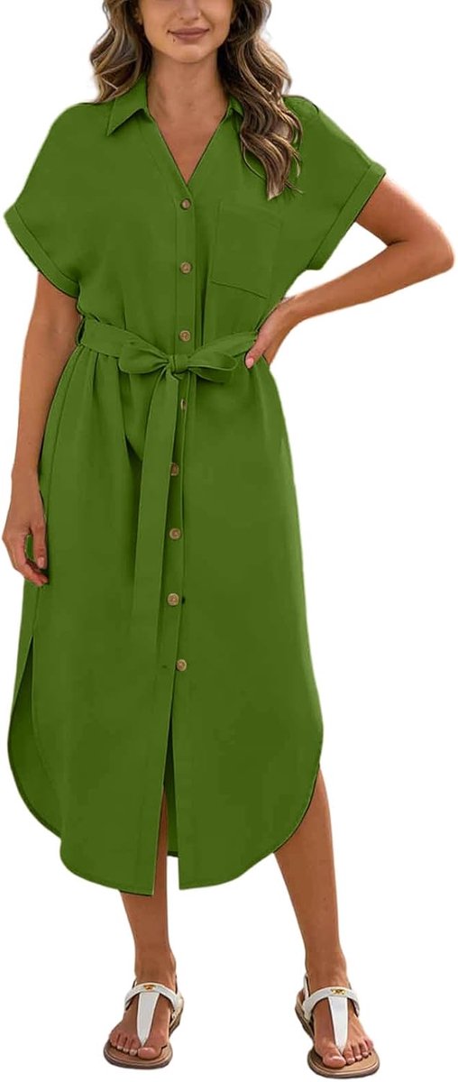 Lang blousejurk, zomerjurk, korte mouwen, V-hals, knoopsluiting, met riem en zak
