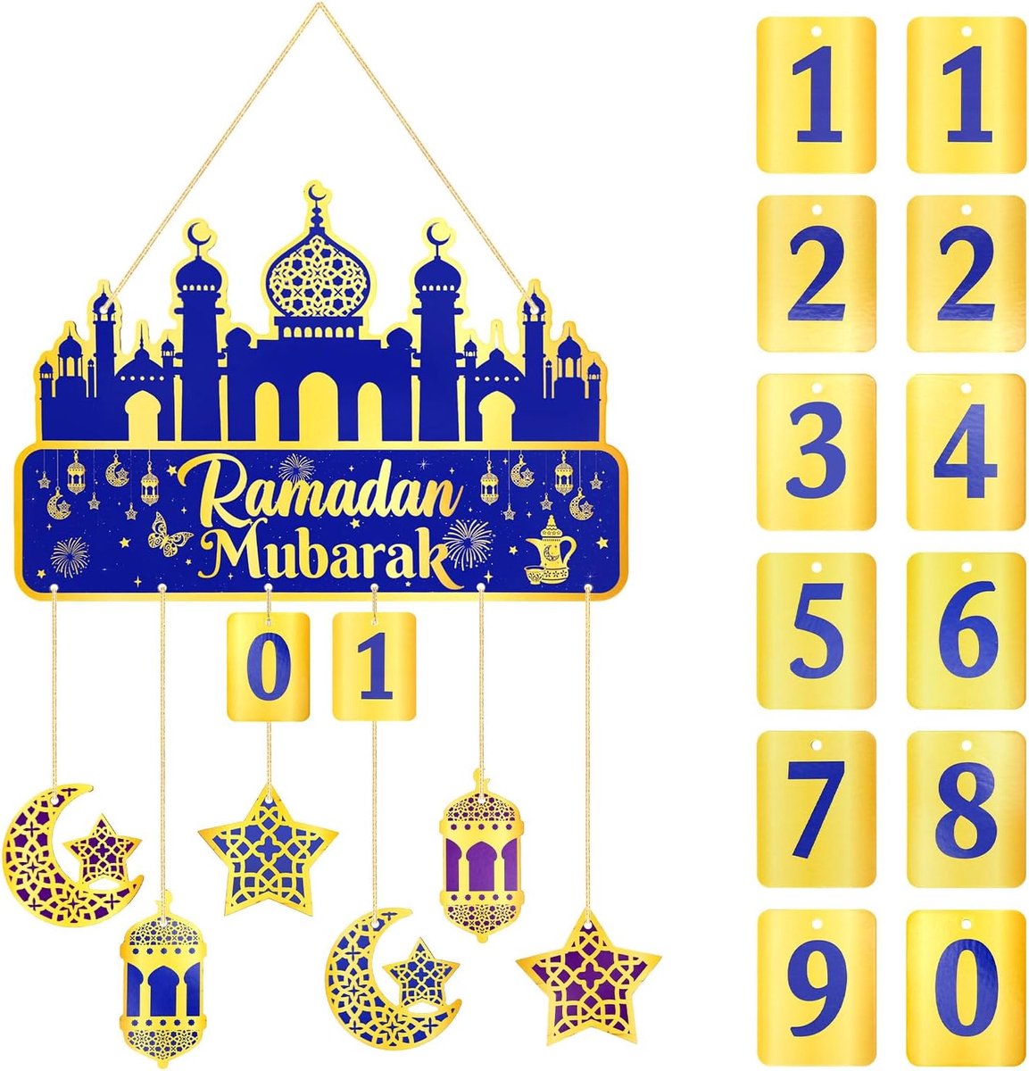 Ramadan kalender 30 dagen - moskee silhouet - blauwe-gouden kleur - sfeervolle decoratie - ShopVlot