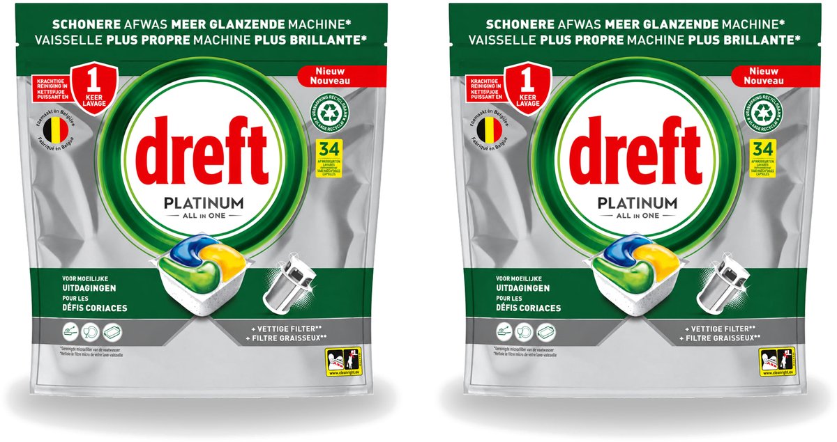 2 x Dreft Platinum - All In One - Vaatwascapsules - Citroen - 34 Afwasbeurten - Voordeelverpakking - 2 stuks