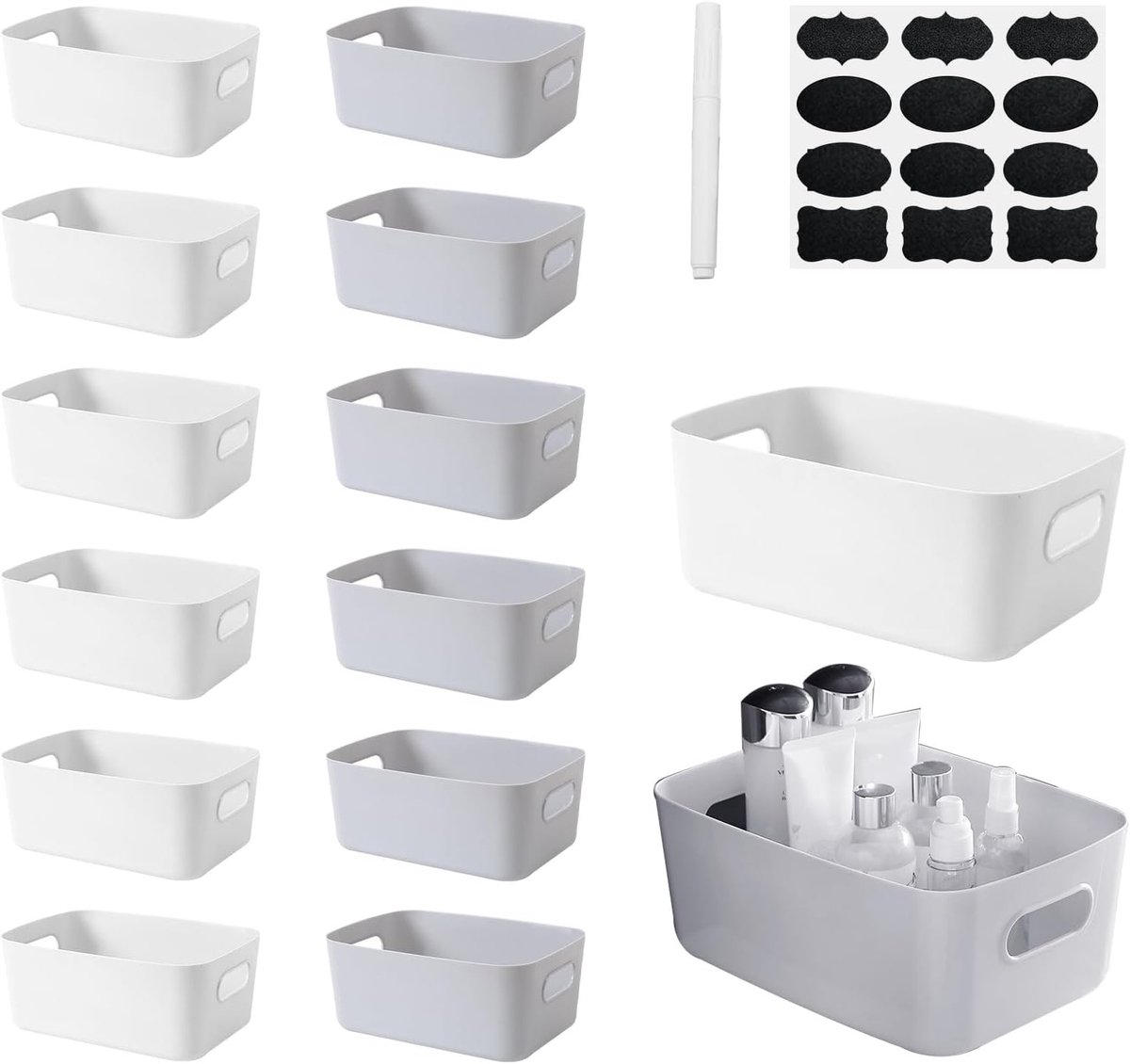 Set van 14 plastic opbergdozen met handvatten, ideaal voor organisatie en opslag, 21 × 13 × 7 cm