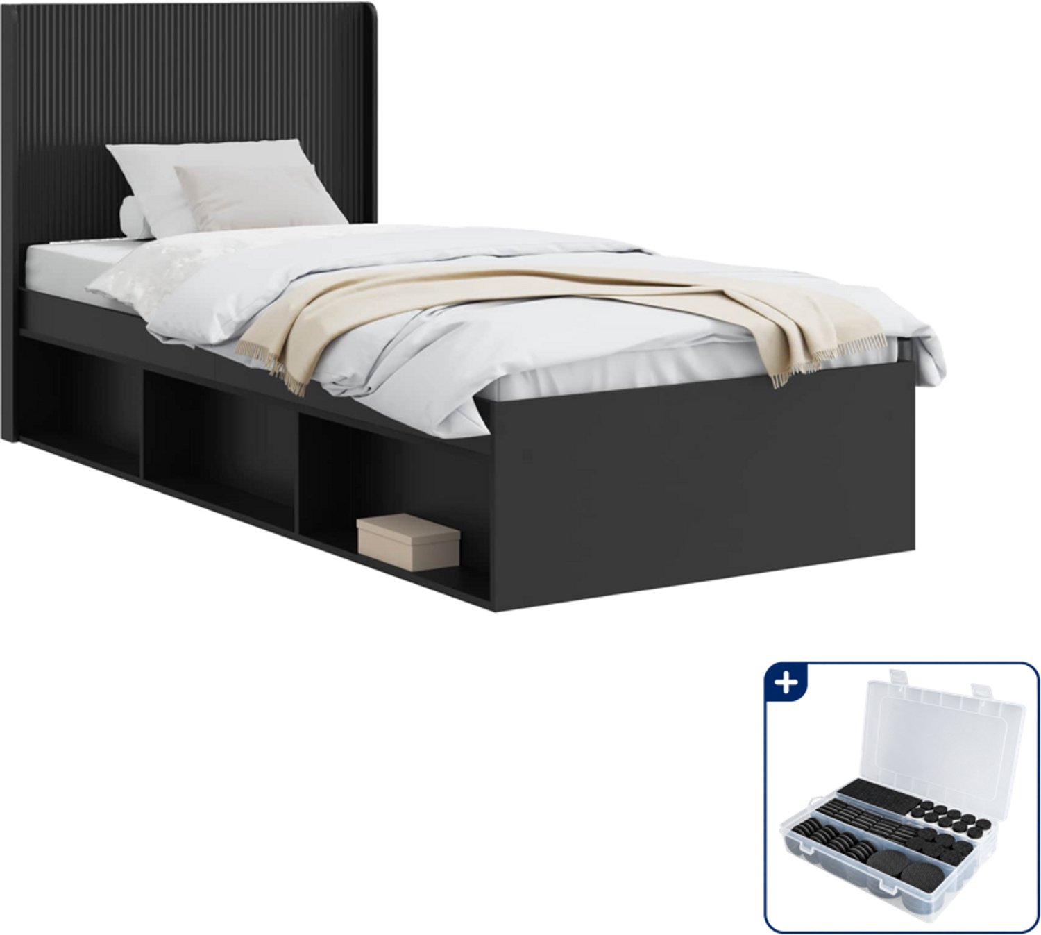 vidaXL bedframe met opbergruimte - 90 x 190 cm - zwart - Inclusief antikrasvilt 177-delig