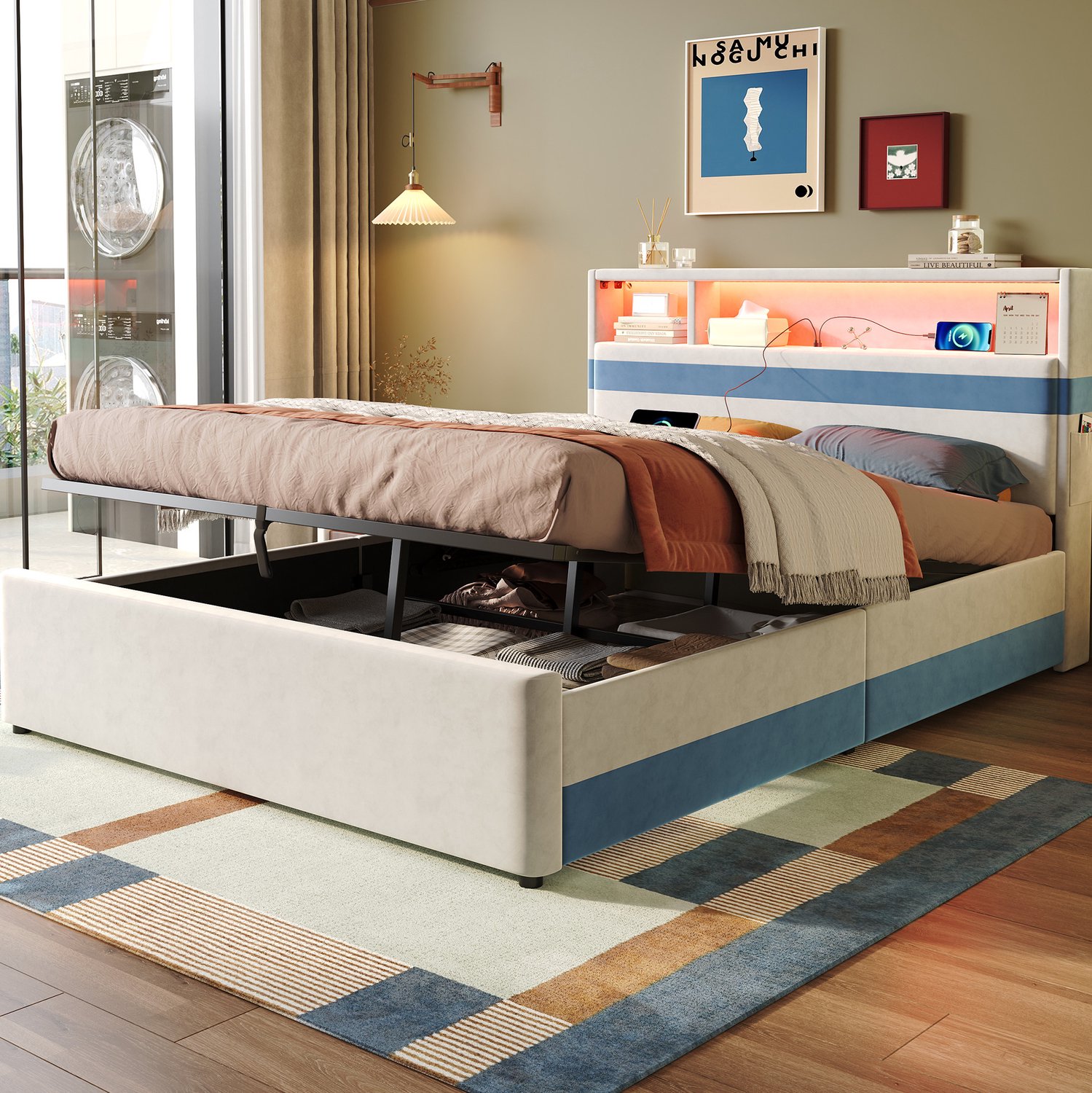 Maisentiel Gestoffeerd bed 140 x 200 cm met hydraulische opbergruimte, led en USB - wit/blauw Wit en blauw