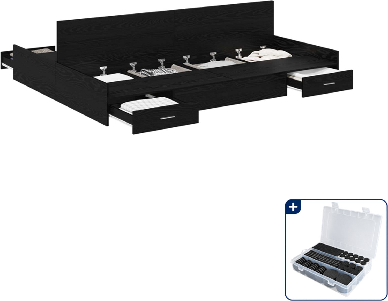 vidaXL opbergbedframe - 135 x 190 cm - zwart eiken - Inclusief antikrasvilt 177-delig