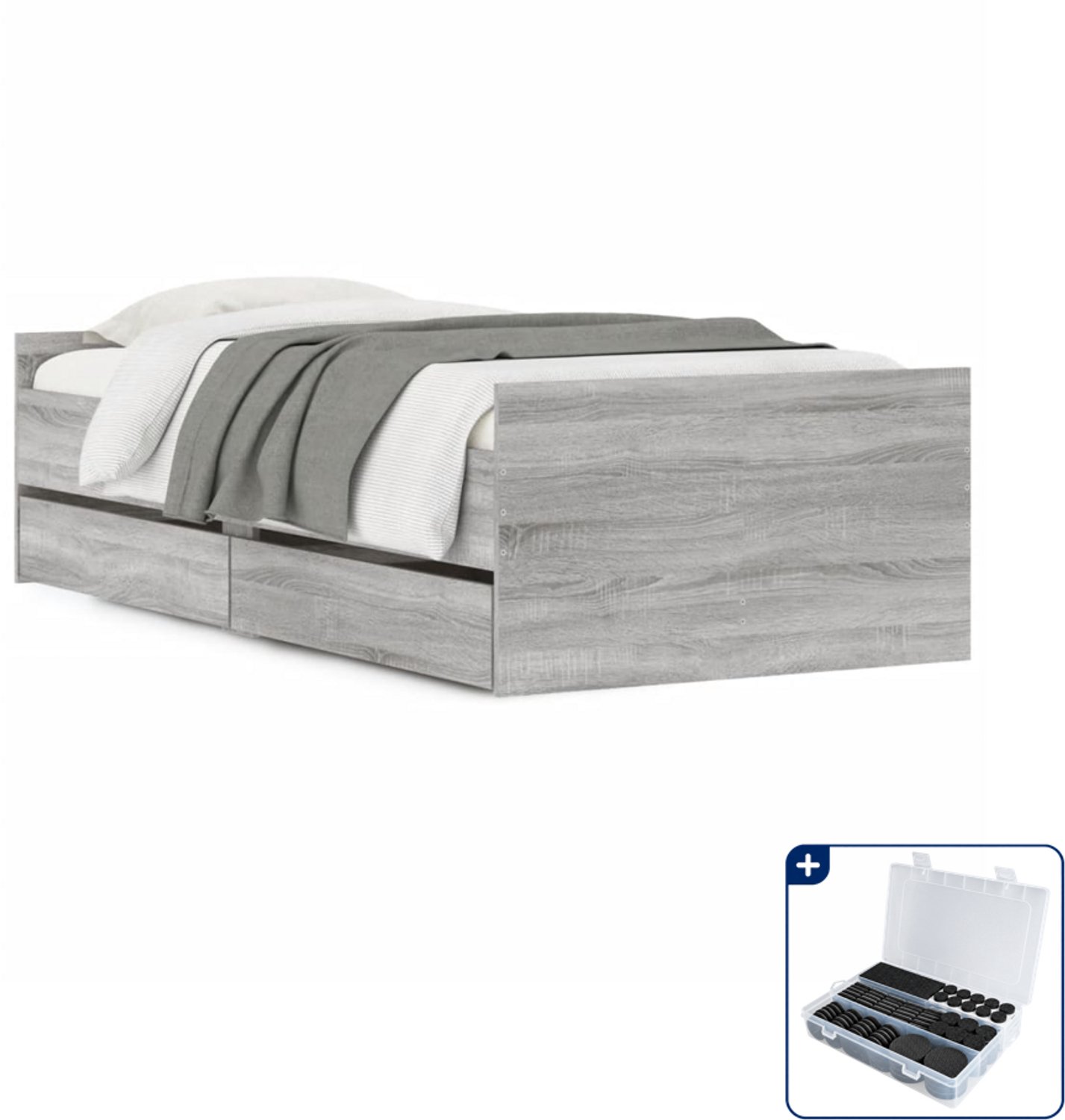 vidaXL bedframe met lades - 75 x 190 cm - bewerkt hout - grijs sonoma - Inclusief antikrasvilt 177-delig Groen