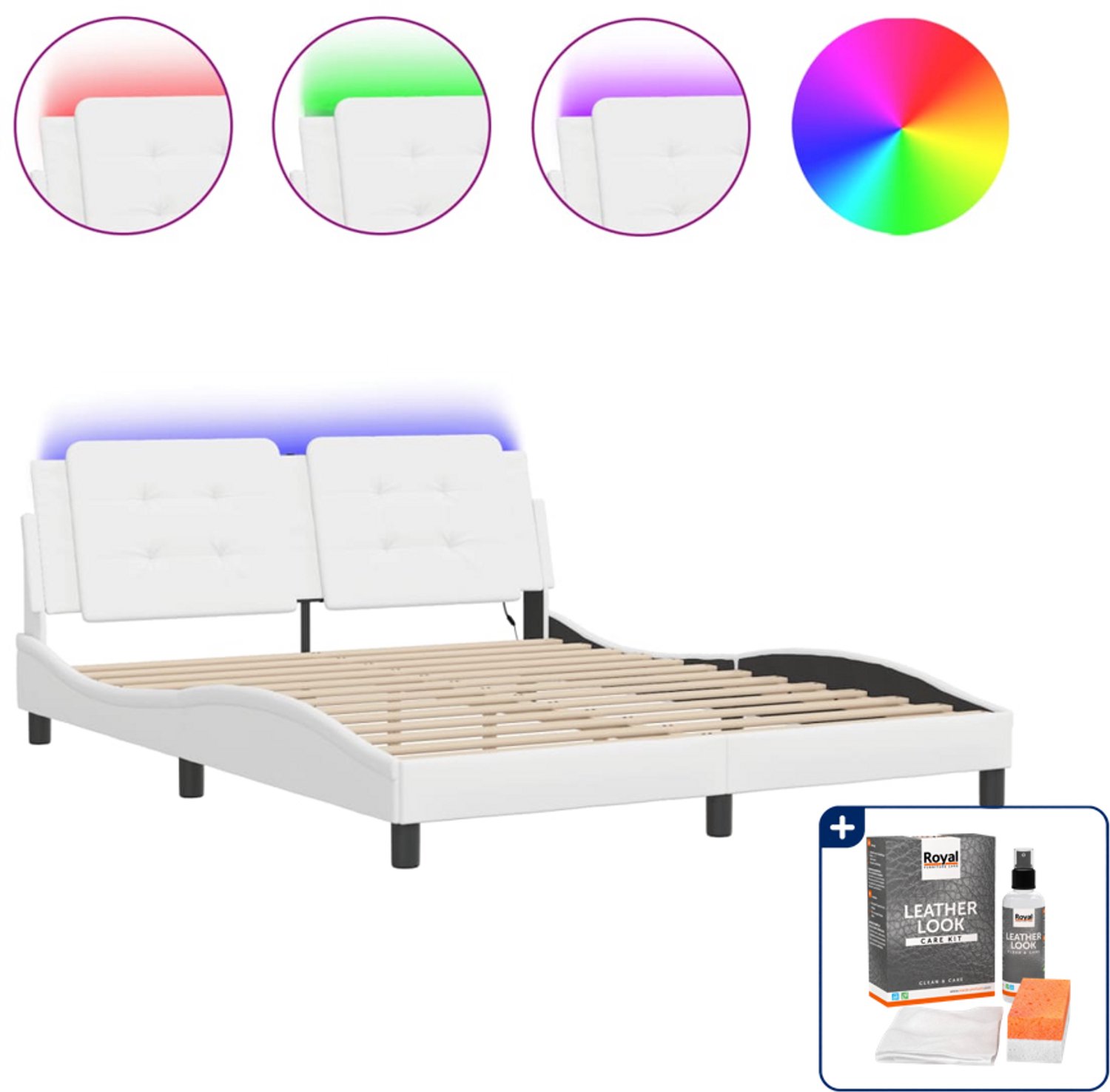 vidaXL Zadar bedframe met LED - queensize 160 x 200 cm - wit - Inclusief onderhoudsset voor kunstleer 150 ml