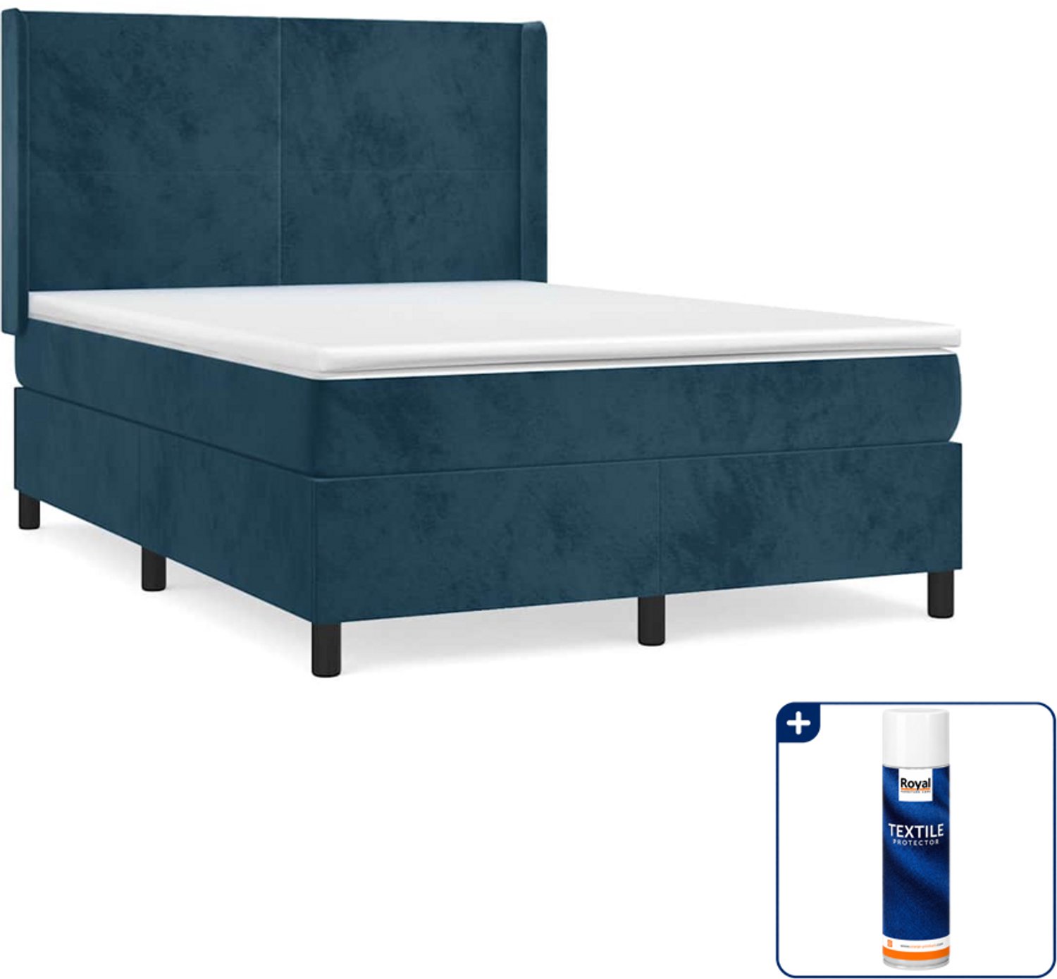 vidaXL boxspring met matras - Small double - 140 x 200 cm - donkerblauw - Inclusief textielbeschermer 500 ml