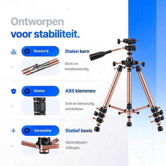 Technisch overzicht: Studio ME statief met roestvrijstalen kern, sterke ABS-klemmen en stabiele basis.