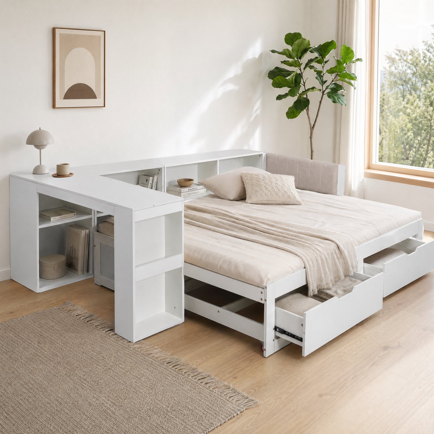 COVREO L-vormig bed met bureau – 180x200 cm – Slaapmeubel met lades – 3-in-1 oplossing voor thuiswerken – Mat wit - zonder matras
