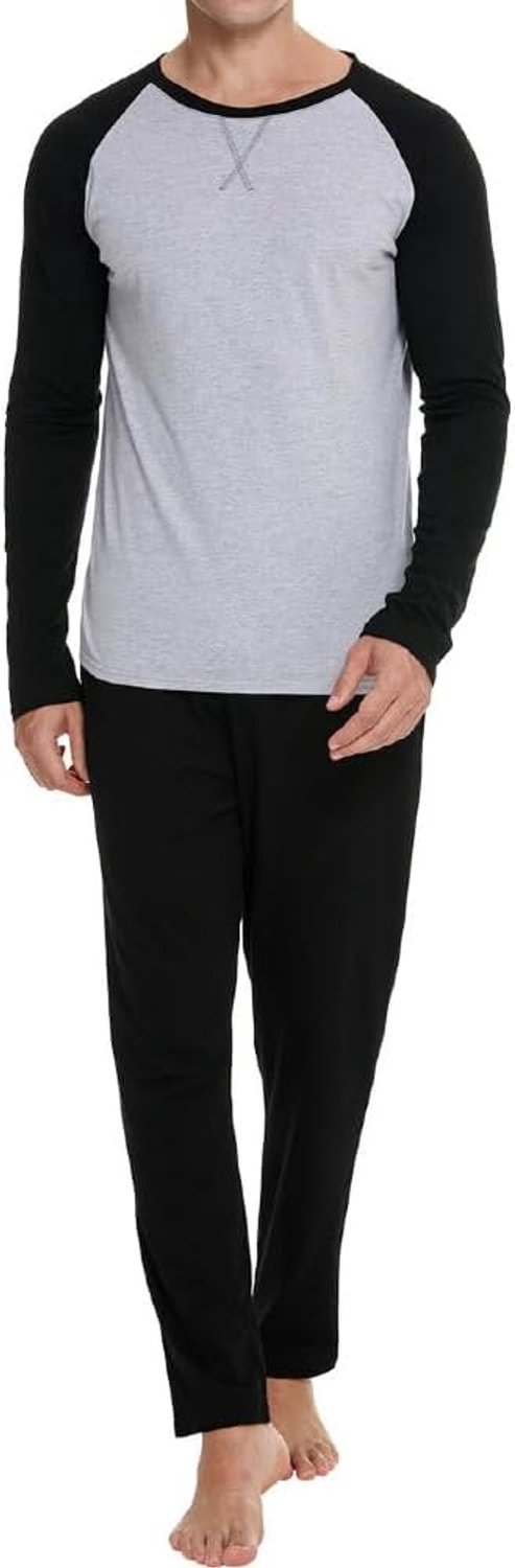 Winterpyjama voor heren, 100% katoen, tweedelige pyjama, lang en warm, set van colorblock-shirt en effen broek met zakken, zacht en comfortabel, voor thuis S-XXL
