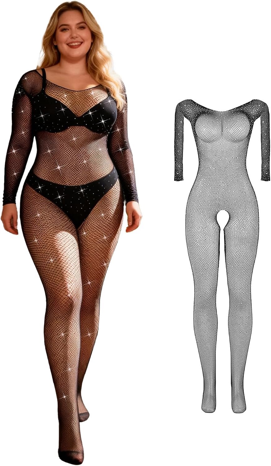 Bodystocking strass visnet catsuit lange mouwen body open panty voor vrouwen ondergoed lingerie dames sexy outfits lingerie vrouwen grote maten XS-5XL