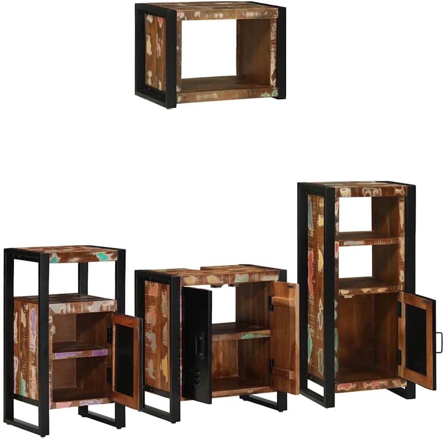 Badkamermeubelset 4 STK. meerkleurig en zwart met houten deuren en ijzeren