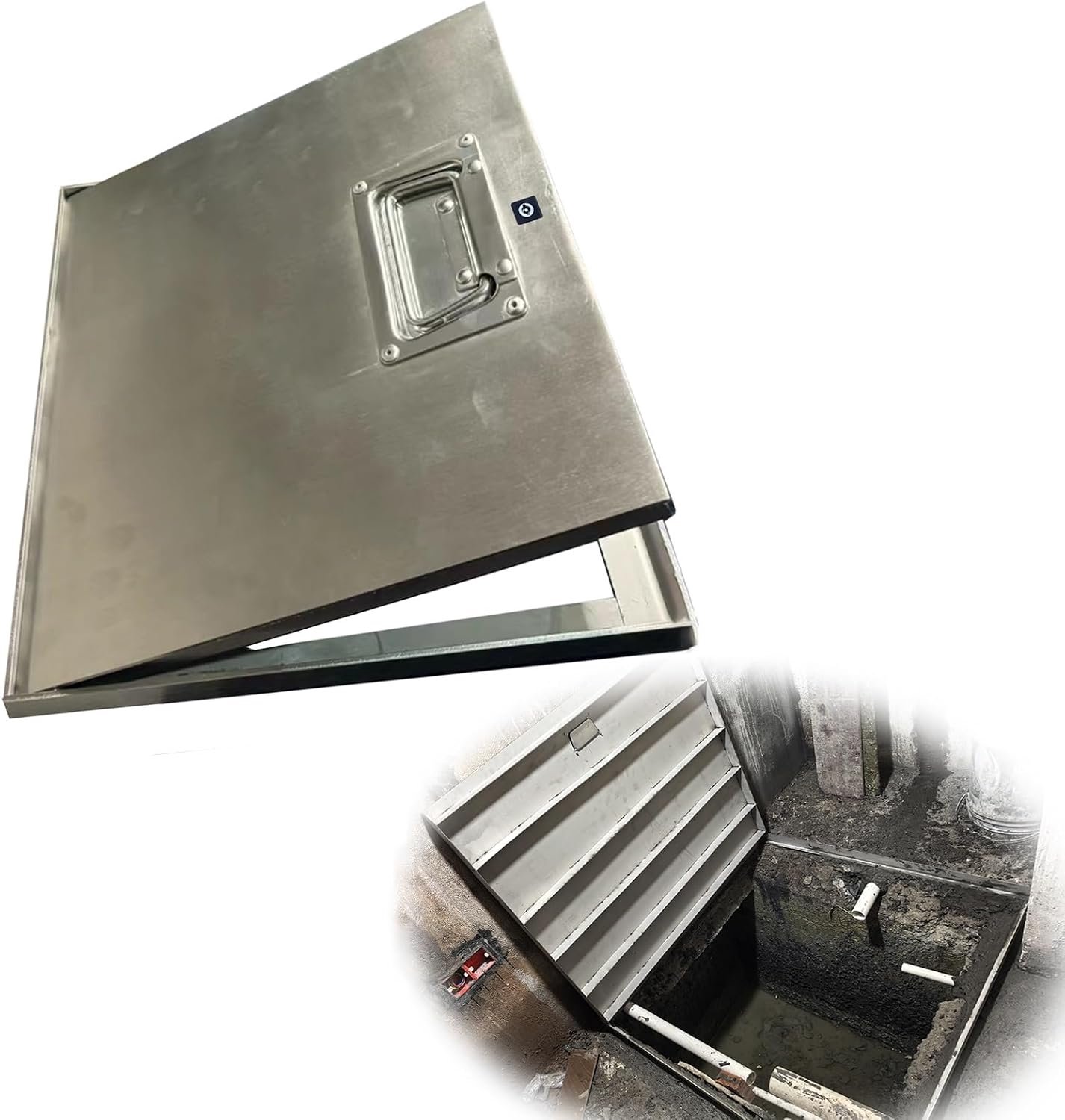 Inless stalen toegangsdeur voor tuin, riool putdeksel met slot en handvat, keldervenster goed covers 20-32 inch breed (76,2 x 89,9 cm)