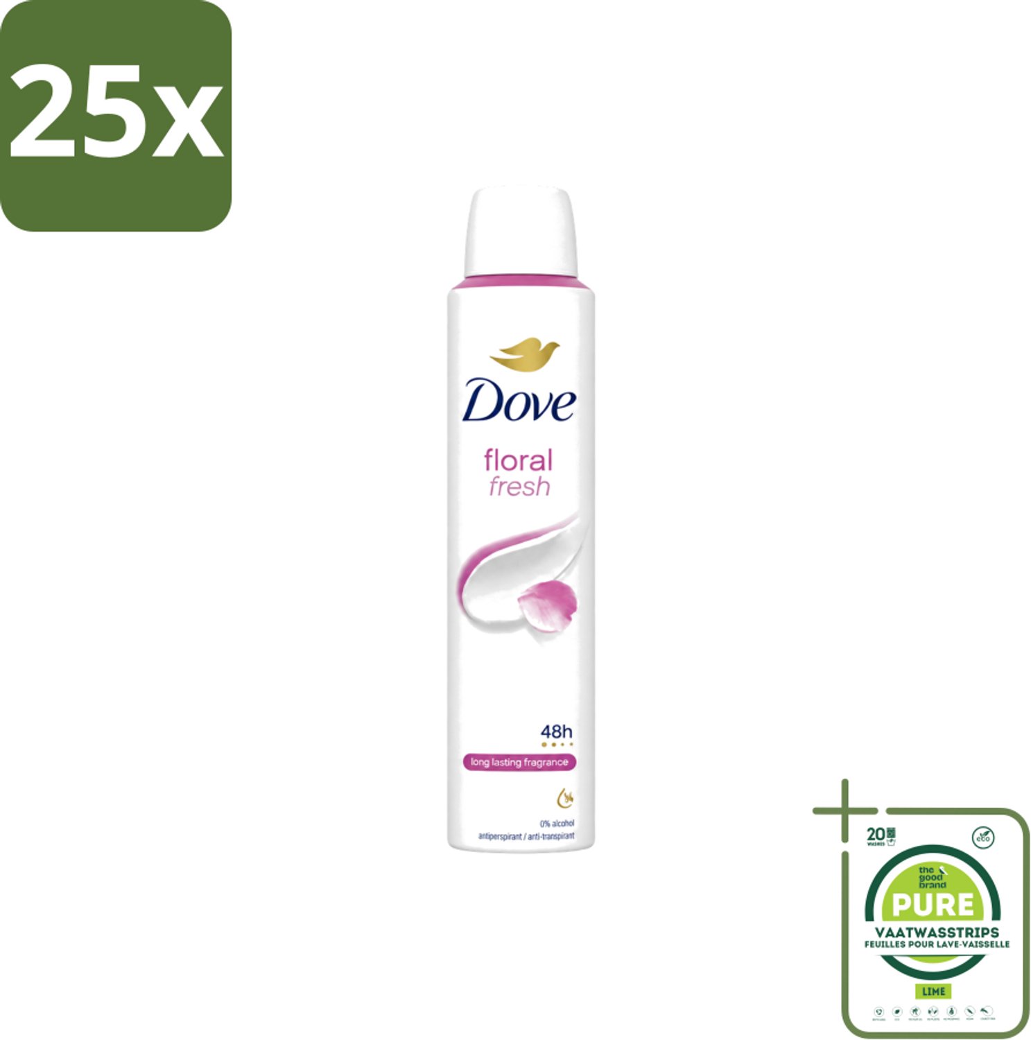 25 x Dove – Deodorant Spray – Floral Fresh – 200 ml - Grootverpakking - Vaatwasstrips - Anti-transpirant Spray - Zweetvermindering - Geur - Bloemige Geur - Geurvermindering
