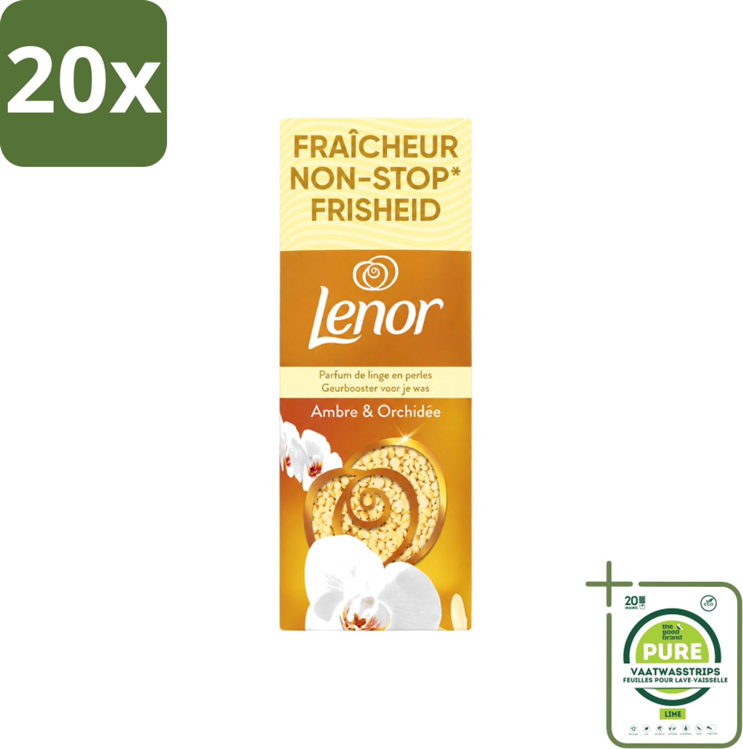 20 x Lenor – Geurbooster – Amber & Orchidee – 12 Wasbeurten – 155 g - Grootverpakking - Vaatwasstrips - Geurparels - Wasgeur - Luxegeur - Orchidee - Vanille