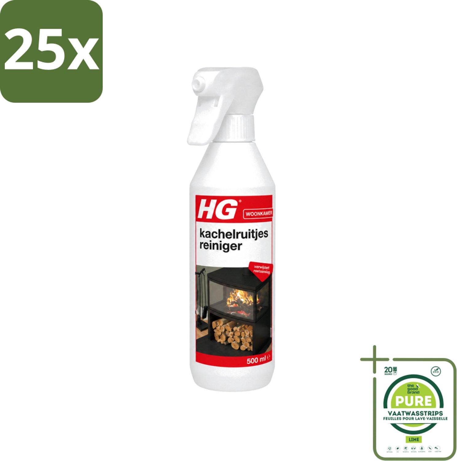 25 x HG - Kachelruitjesreiniger - Verwijdert Roetaanslag - 500 ml - Grootverpakking - Vaatwasstrips - Kachelruiten Reinigen - Roet Verwijderen - Haardvenster Reinigen - Baksteen Reinigen - Kachel Reinigen