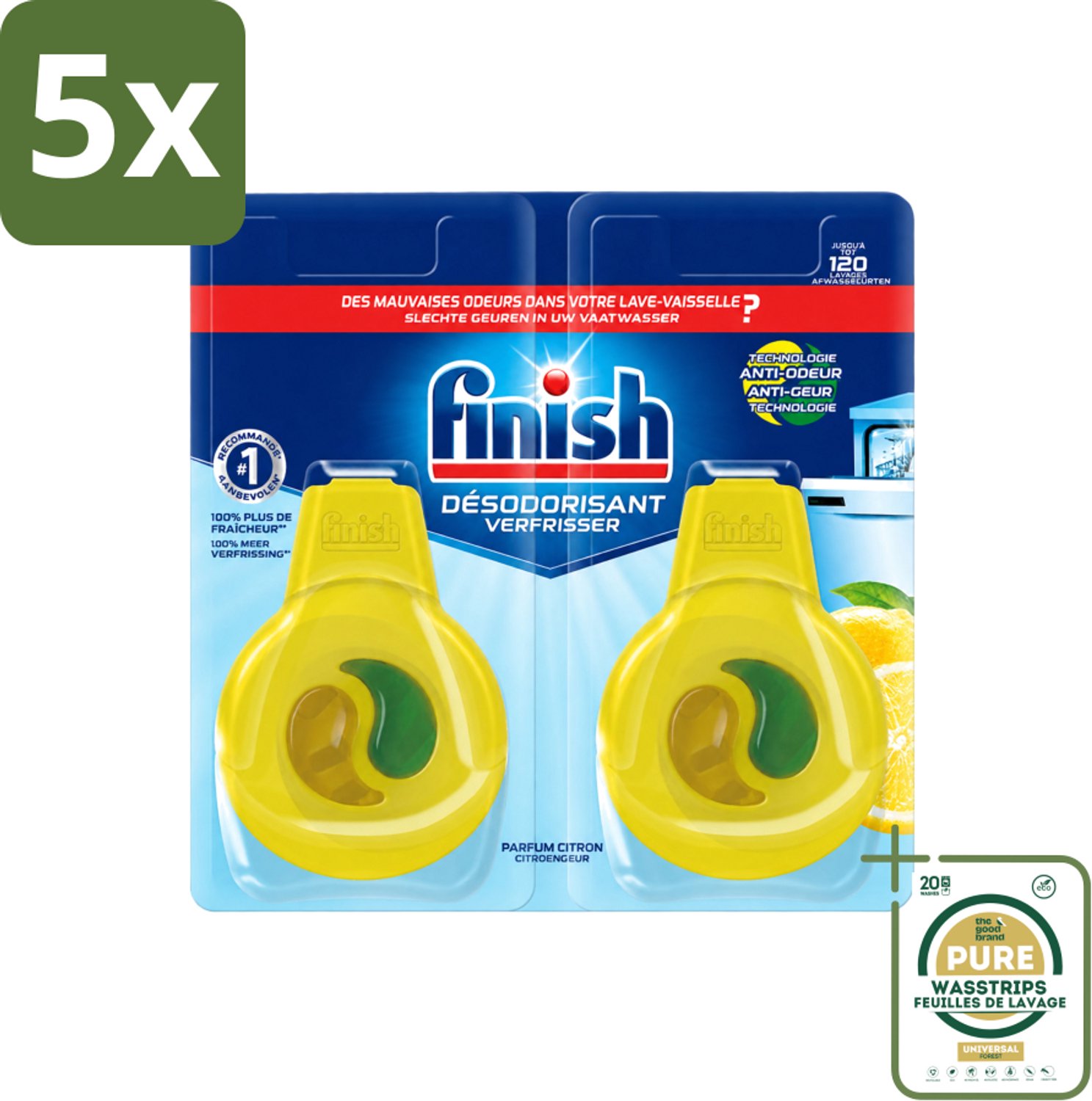5 x Finish Deo Odorstop - Vaatwasverfrisser - Citroen Parfum - Anti-geur - Tot 120 Afwasbeurten - Wasstrips - Vaatwasverfrisser - Geurbeheersing - Citroengeur - Anti-geur - Vaatwasser Geur