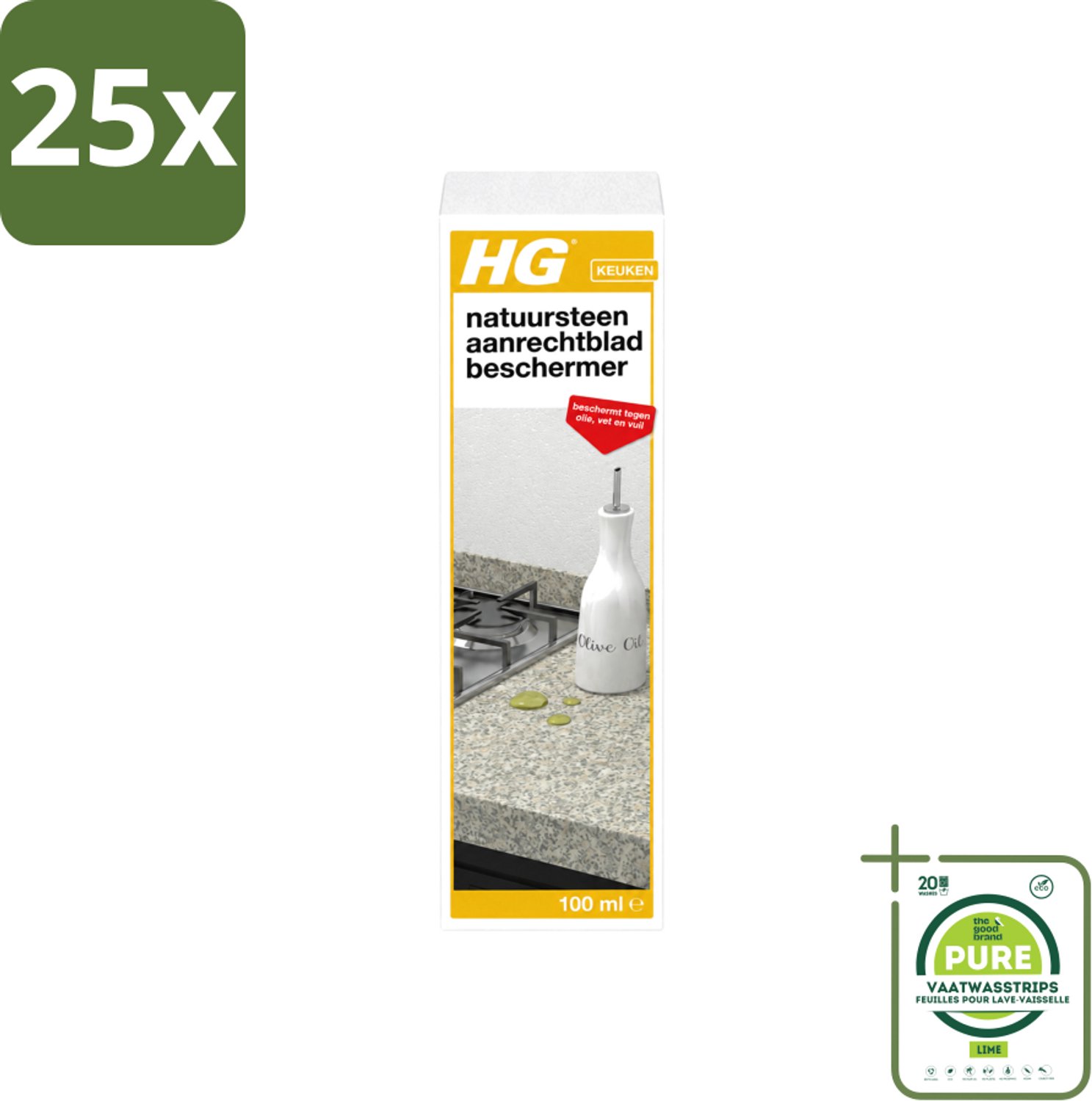 25 x HG - Natuursteen Aanrechtbladbeschermer - Beschermt Tegen Olie, Vet & Vuil - Inclusief doek - 100 ml - Grootverpakking - Vaatwasstrips - Natuursteen Beschermer - Olie Bescherming - Vet Bescherming - Vuil Bescherming - Marmer Bescherming