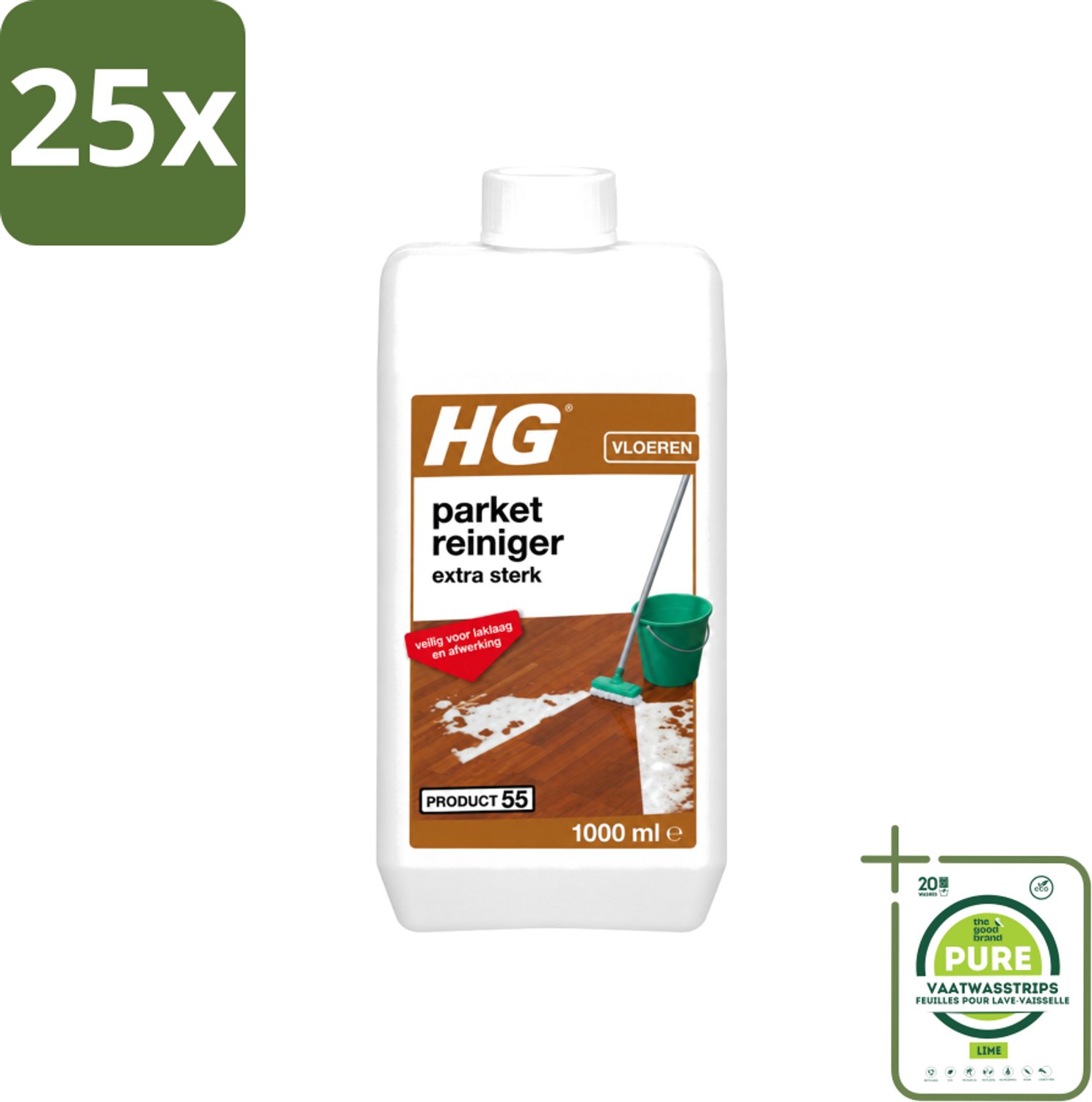 25 x HG - Parketreiniger - Extra Sterk - Veilig Voor Laklaag - 1L - Grootverpakking - Vaatwasstrips - Parket Reinigen - Laklaag Reinigen - Hardnekkig Vuil Verwijderen - Parketvet Verwijderen - Parket Reiniger