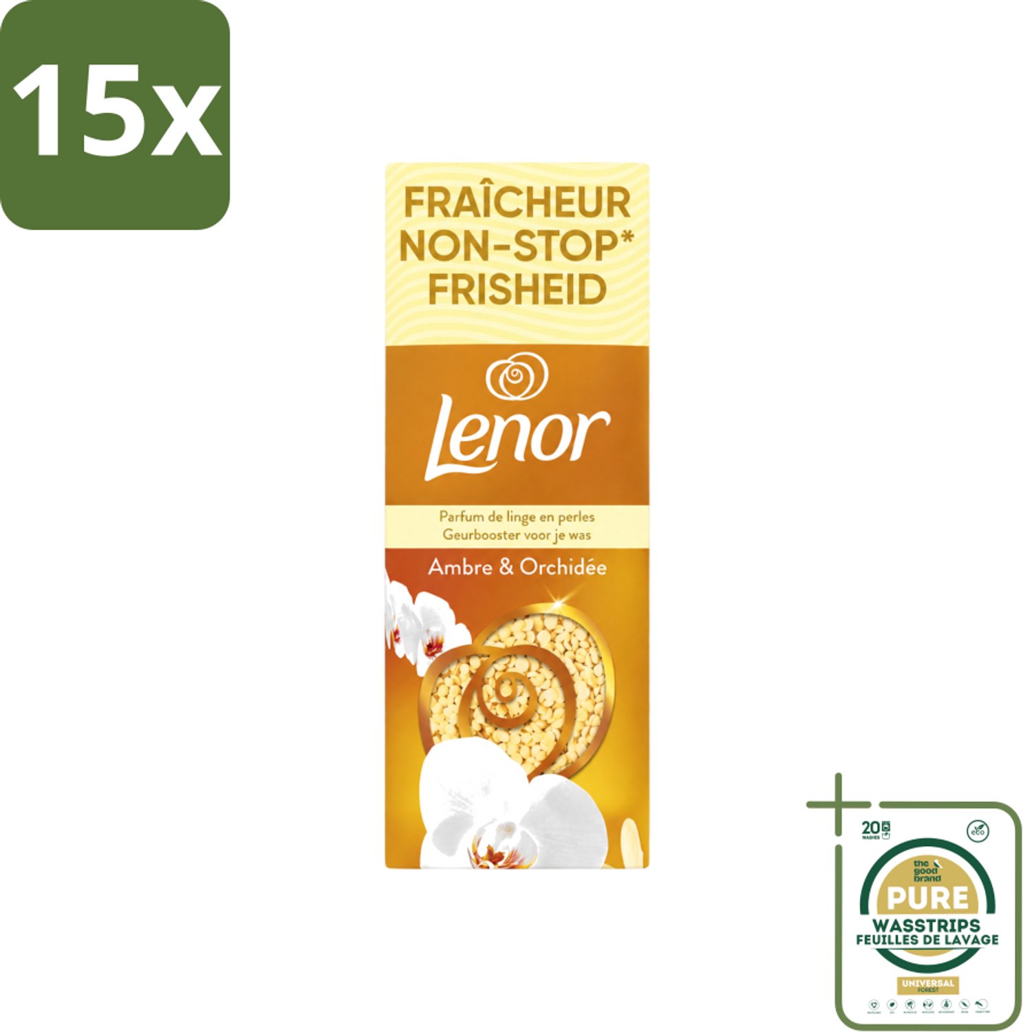 15 x Lenor – Geurbooster – Amber & Orchidee – 12 Wasbeurten – 155 g - Wasstrips - Geurparels - Wasgeur - Luxegeur - Orchidee - Vanille