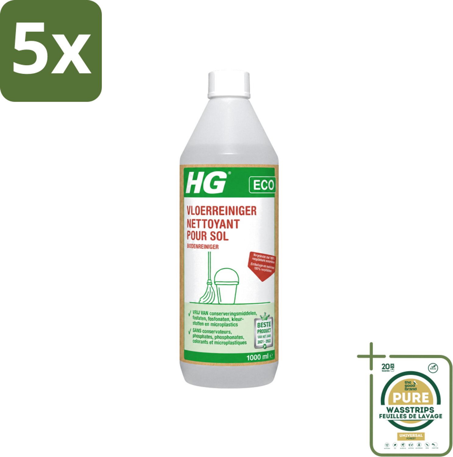 5 x HG - Eco Vloerreiniger - Milieuvriendelijke Reiniging - 1L - Wasstrips - Vloerreiniger - Milieuvriendelijke Reiniger - Hardvloer Reinigen - Schone Vloer - Streeploze Vloer