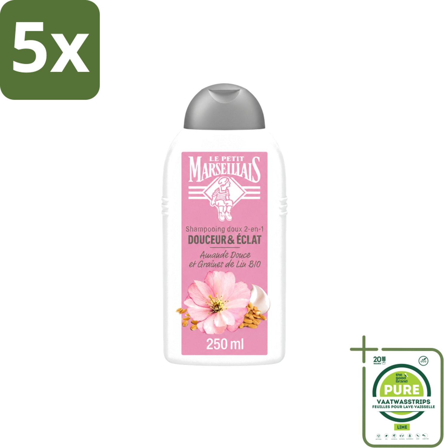 5 x Le Petit Marseillais – Shampoo – Amande Douce & Graines de Lin Bio – 250 ml - Grootverpakking - Vaatwasstrips - Shampoo Amande Douce - Shampoo Linzaad - Shampoo Bio - Shampoo Voor Fijn Haar - Shampoo Voor Normaal Haar