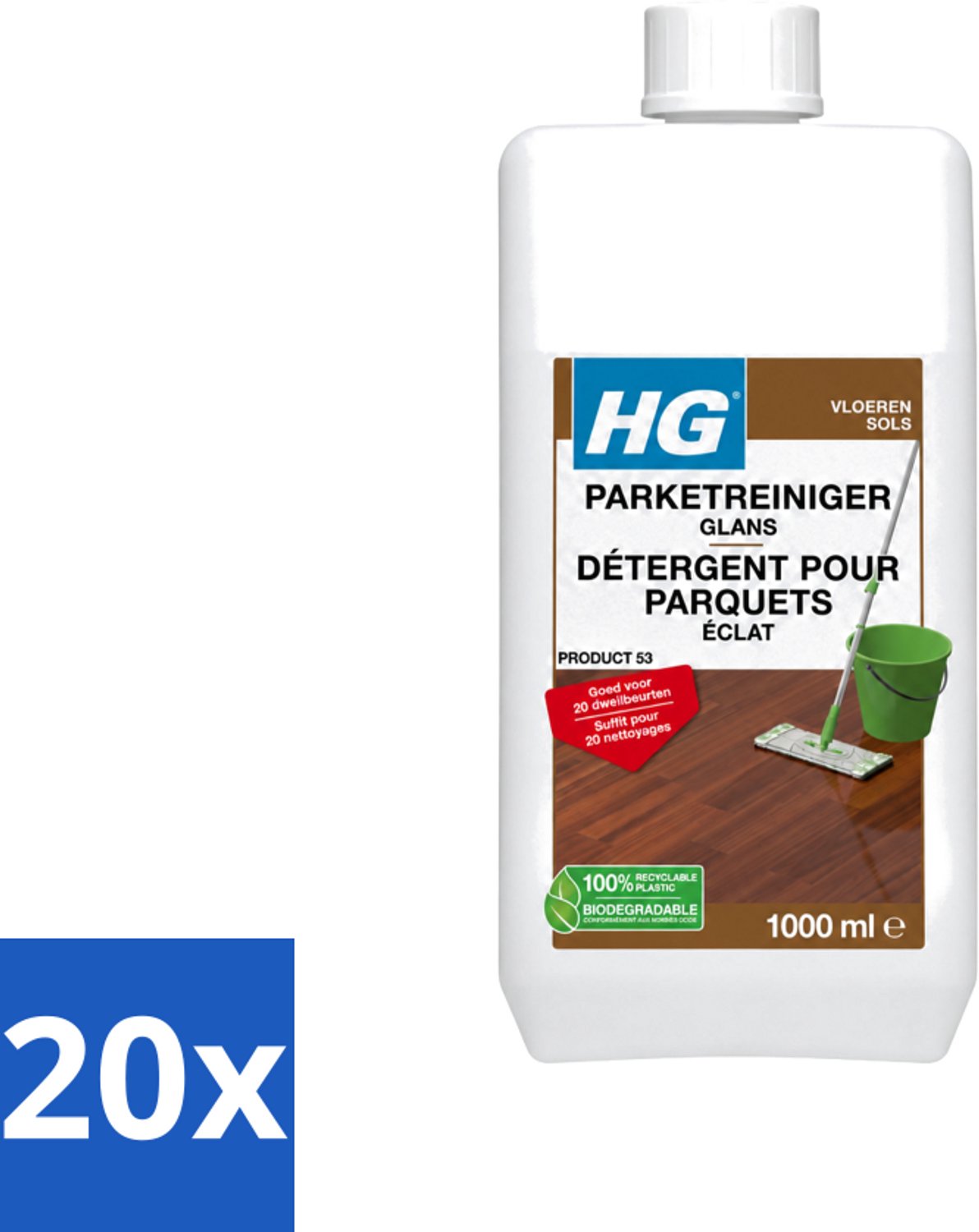 20 x HG - Vloeren - Parketreiniger Glans - 20 Dweilbeurten - 1L - Voordeelverpakking - 20 stuks