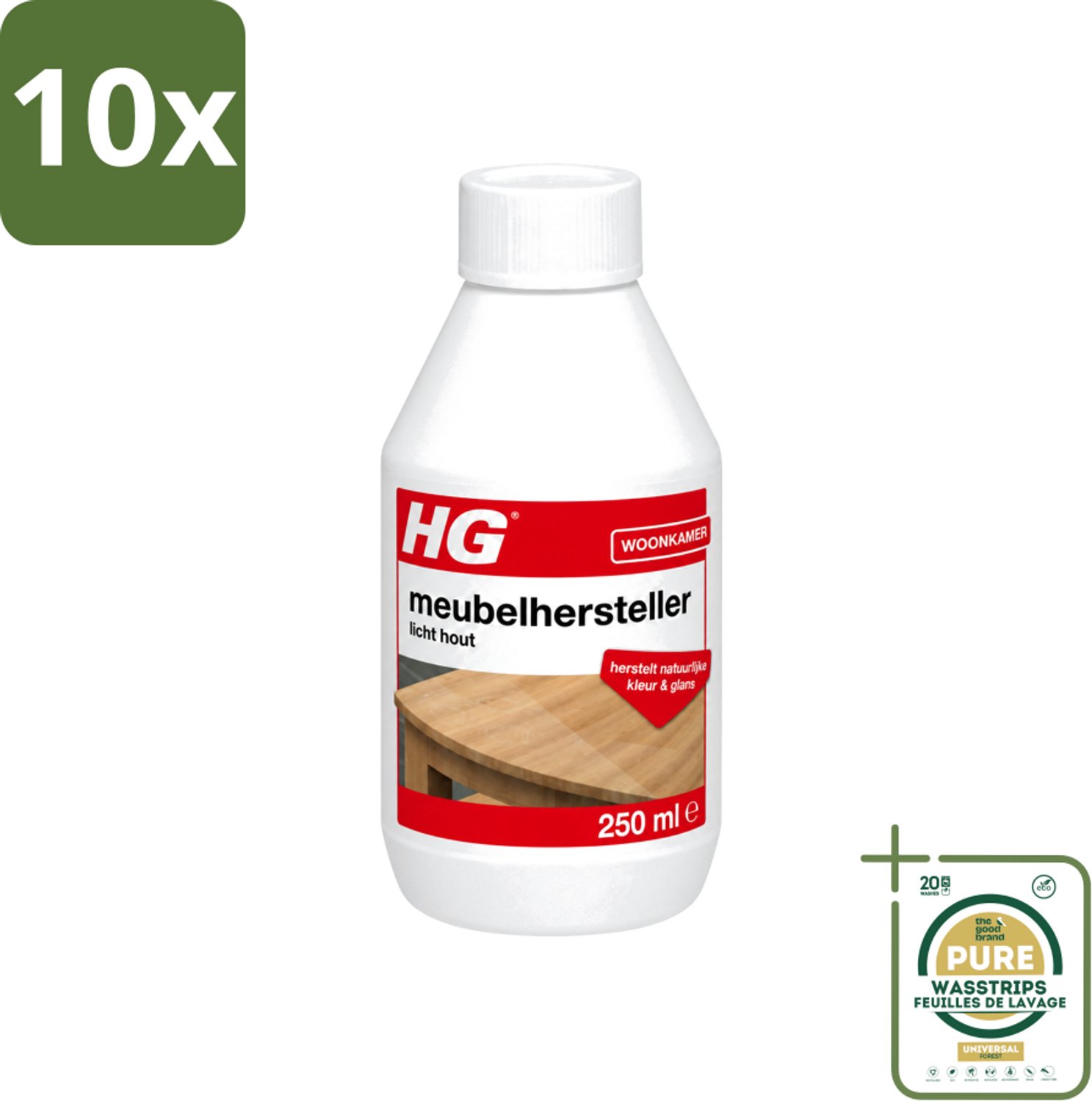 10 x HG - Meubelhersteller Licht Hout - Herstelt Natuurlijke Kleur & Glans - 250 ml - Wasstrips - Houtverzorging - Hout Herstellen - Hout Reinigen - Hout Kleuren Herstellen - Hout Krassen Verbergen