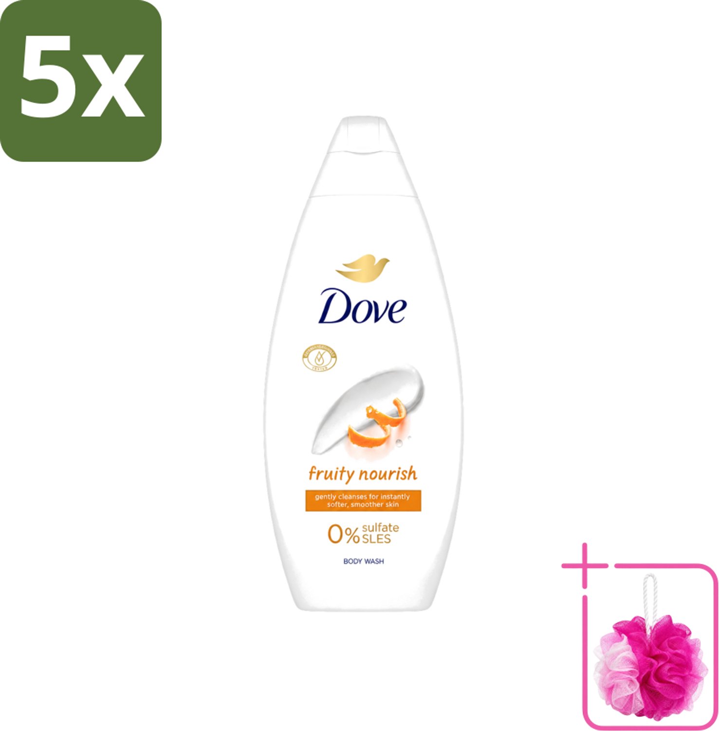 5 x Dove Fruity Nourish - Douchegel - Sulfaatvrij - 250 ml - Bulkverpakking - Douchegel - Douchemop - Voedende douchegel