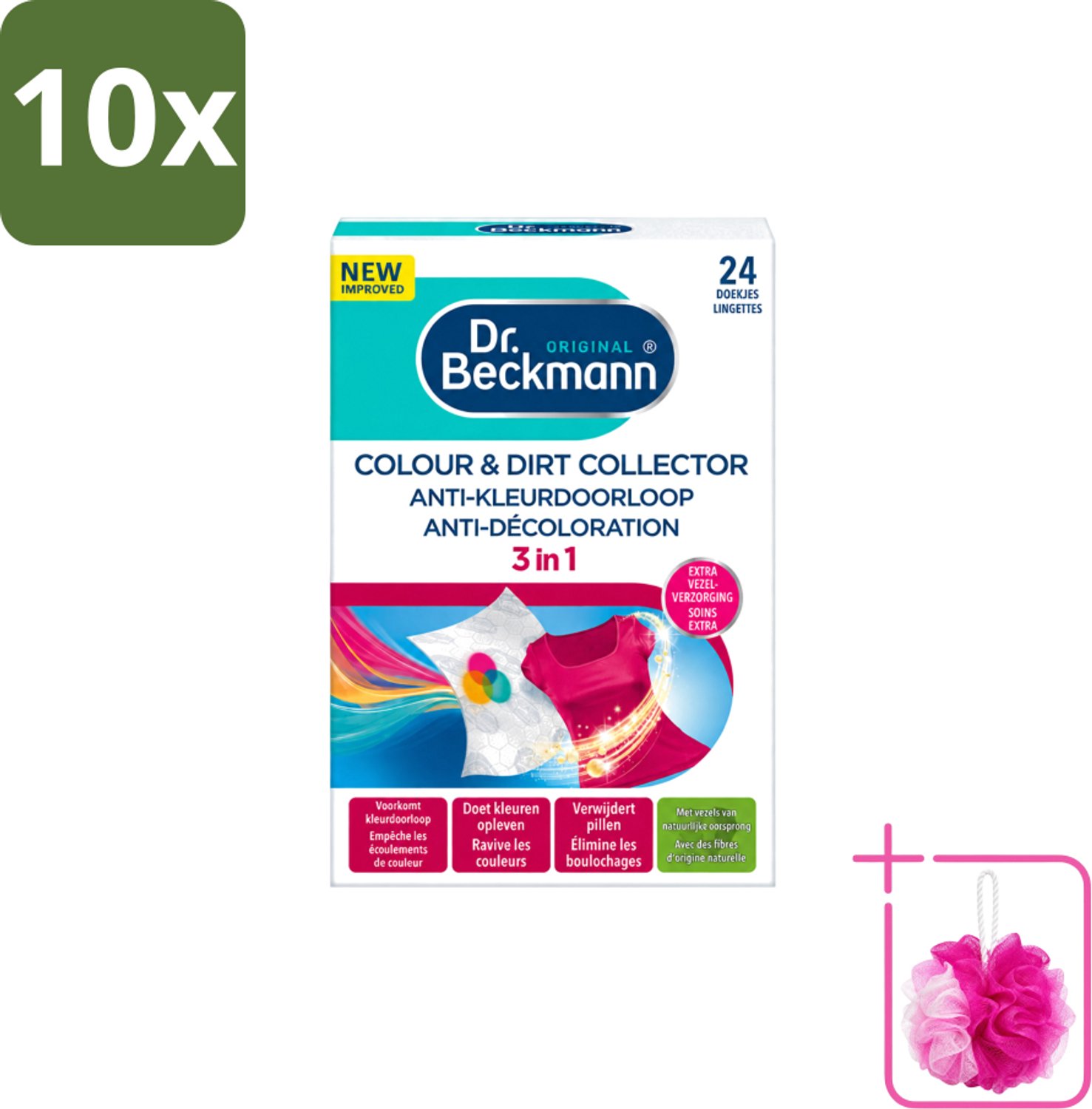 10 x Dr. Beckmann - Anti-Kleur Doorloopdoekjes - Kleurbescherming - Witte en Gekleurde Was - 24 Doekjes - Bulkverpakking - Kleurbescherming - Douchemop - Wasdoek