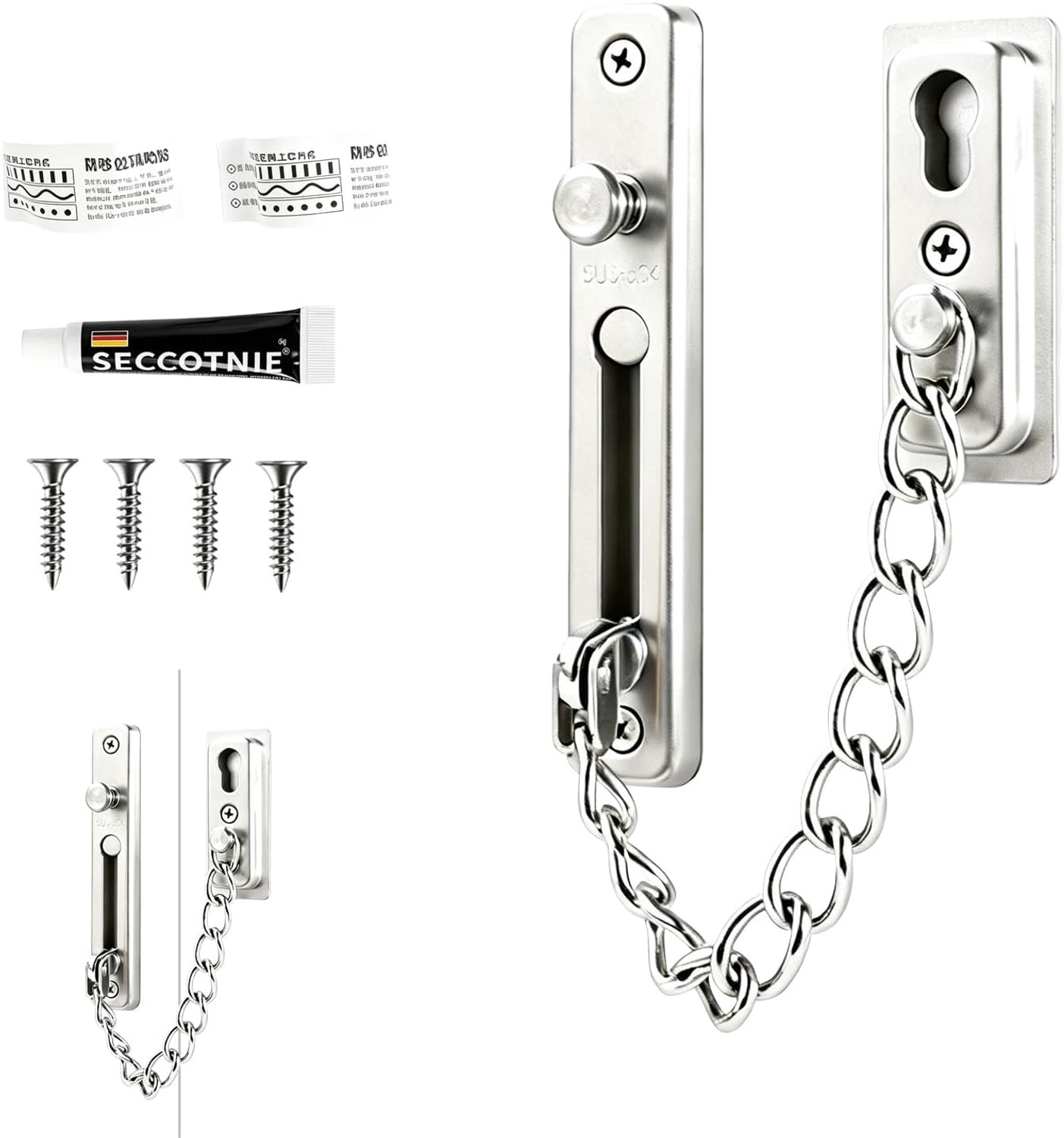 Deurkettingslot met veergesp - 3 mm ketting - roestvrij staal - robuuste inbraakbeveiliging - Vemera